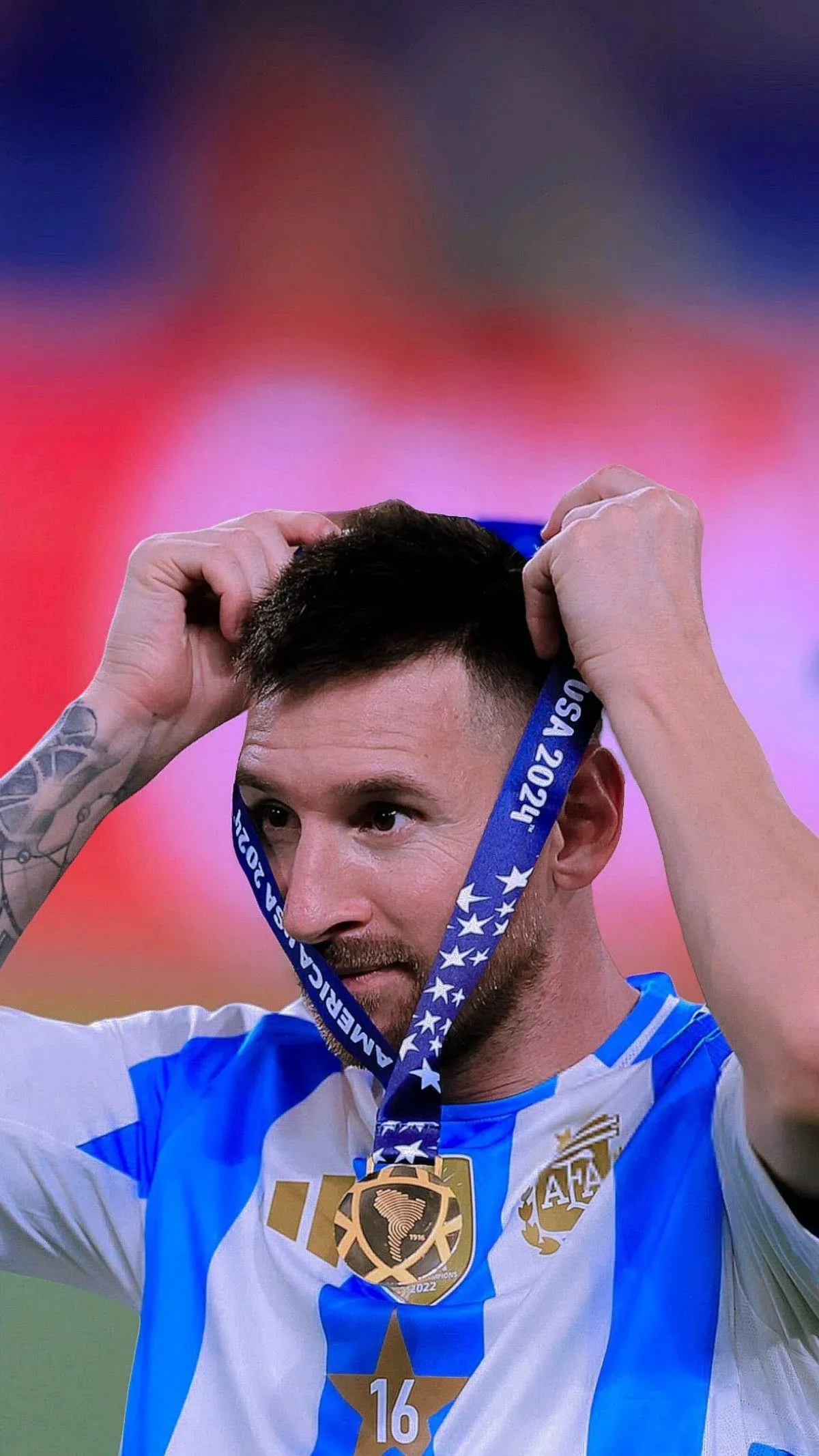 Lionel Messi Wearing Medal Iconic Moment Free HD Wallpaper