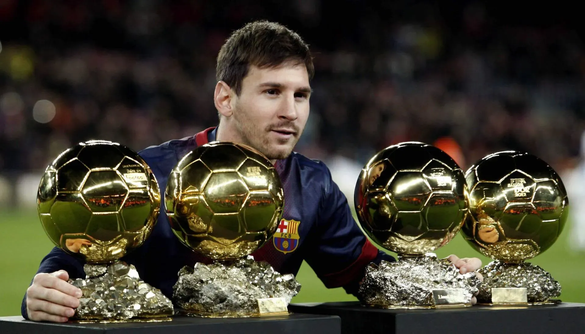 Messi With Four Fifa World Trophies HD Desktop Wallpaper