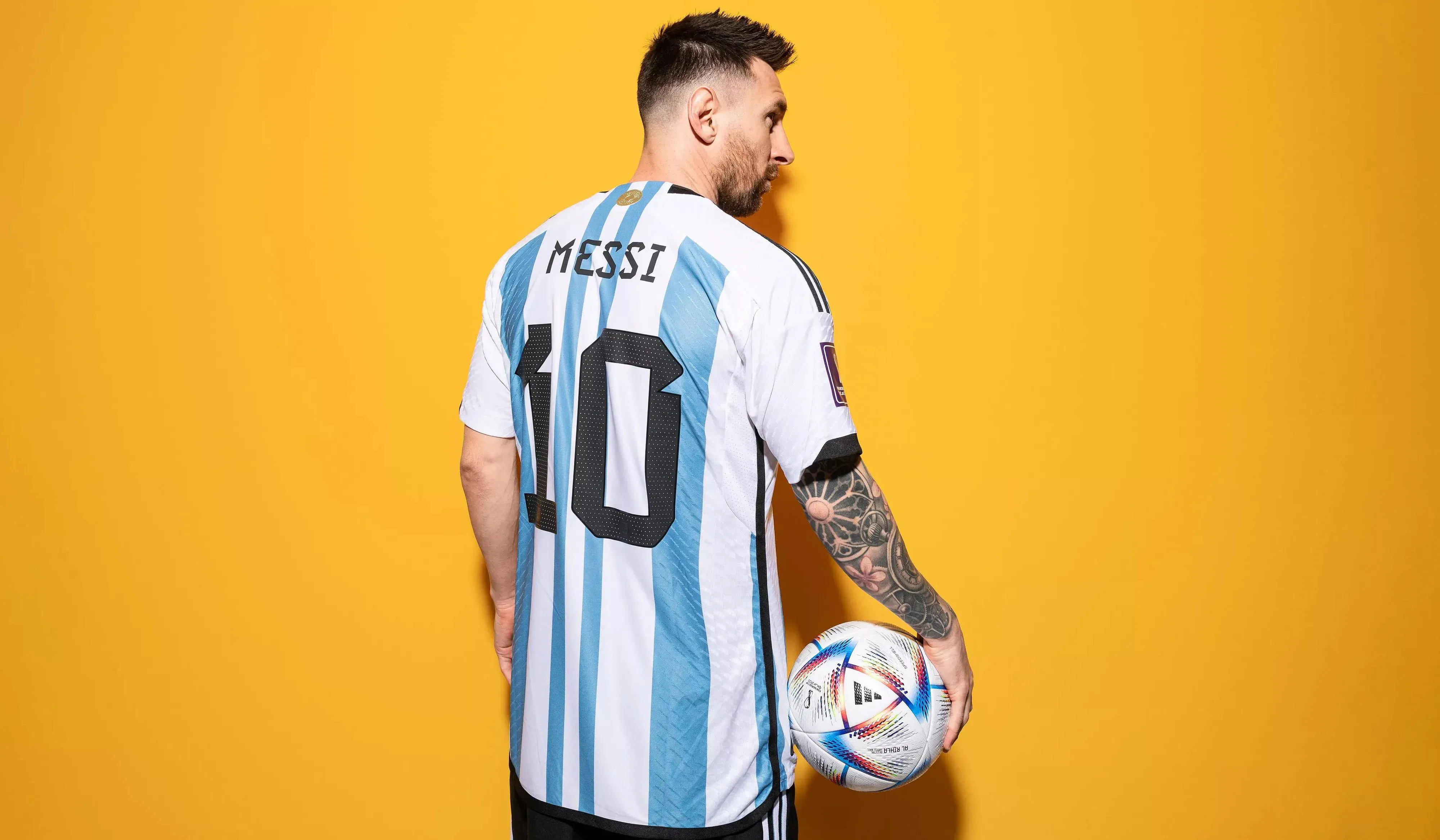 Messi With His Iconic Jersey With A Yellow Background Image