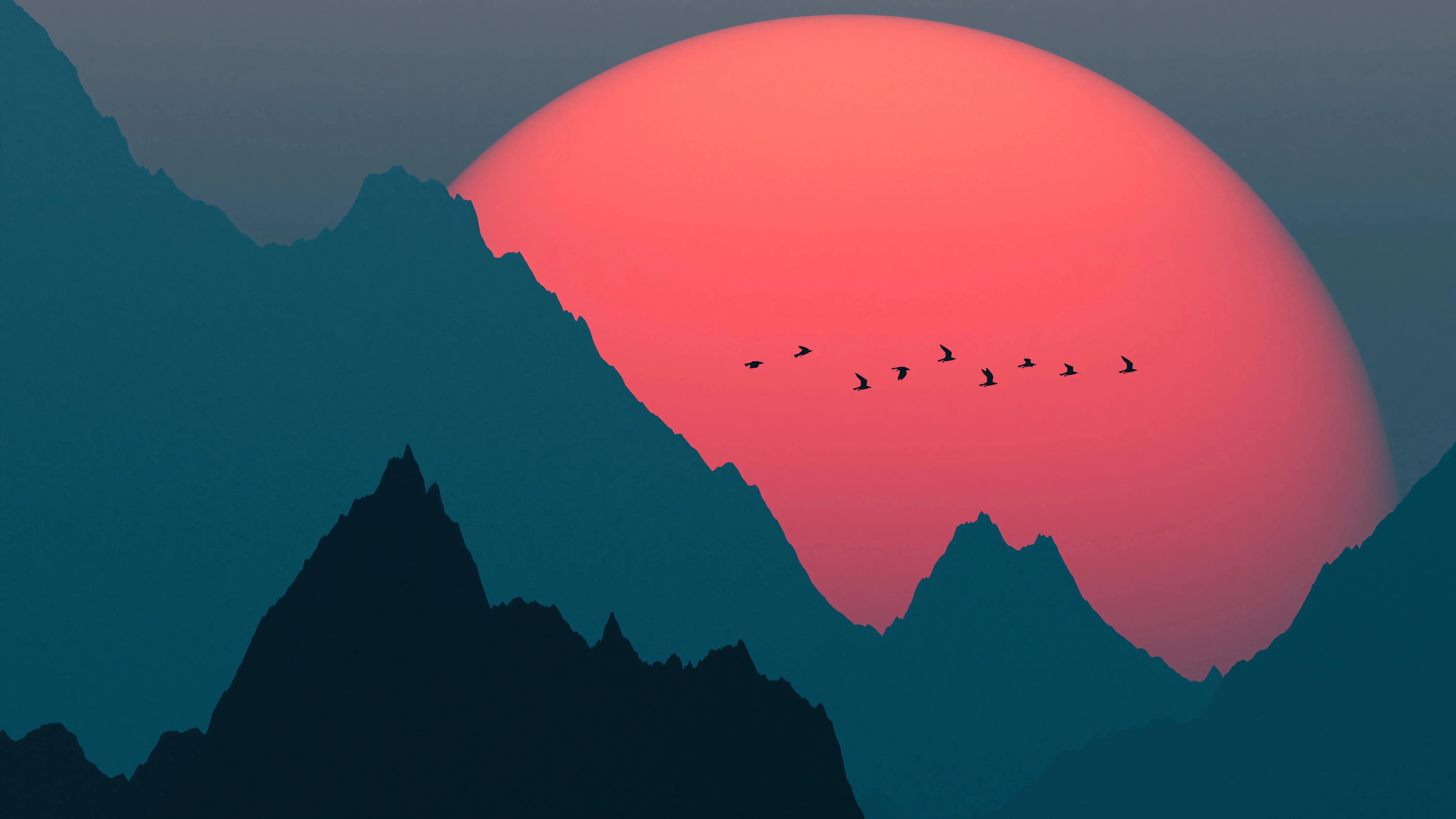 Abstract Mountain Art with Red Sun and Blue Background