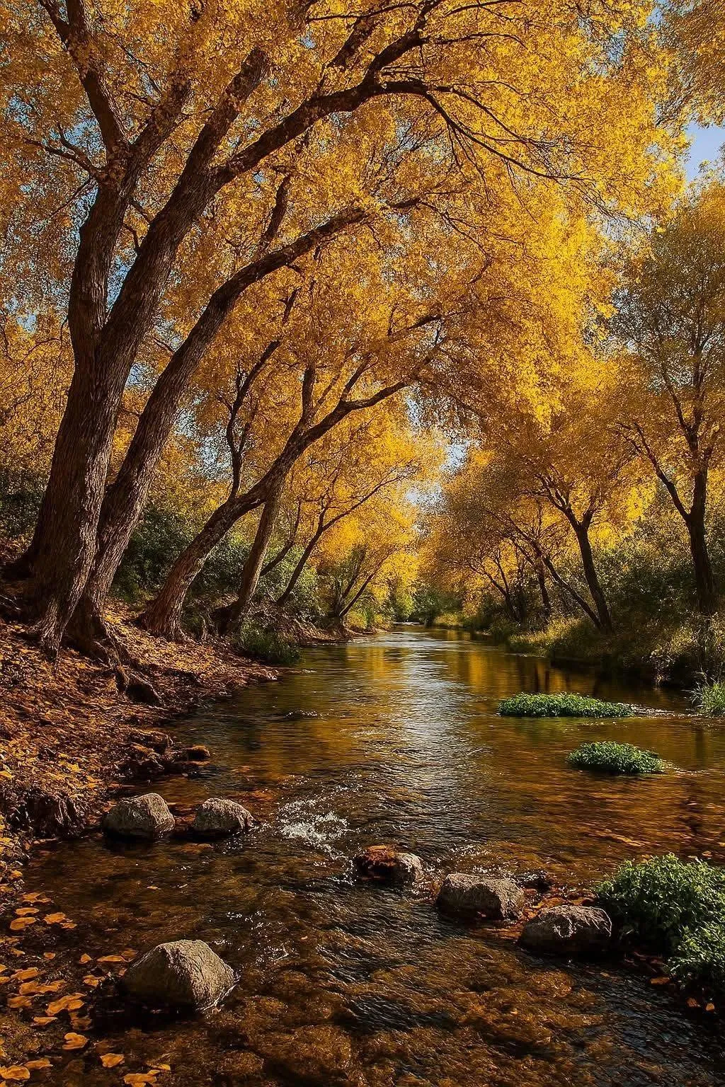 Autumn Path Covered with Golden Leaves and Wet From Rain