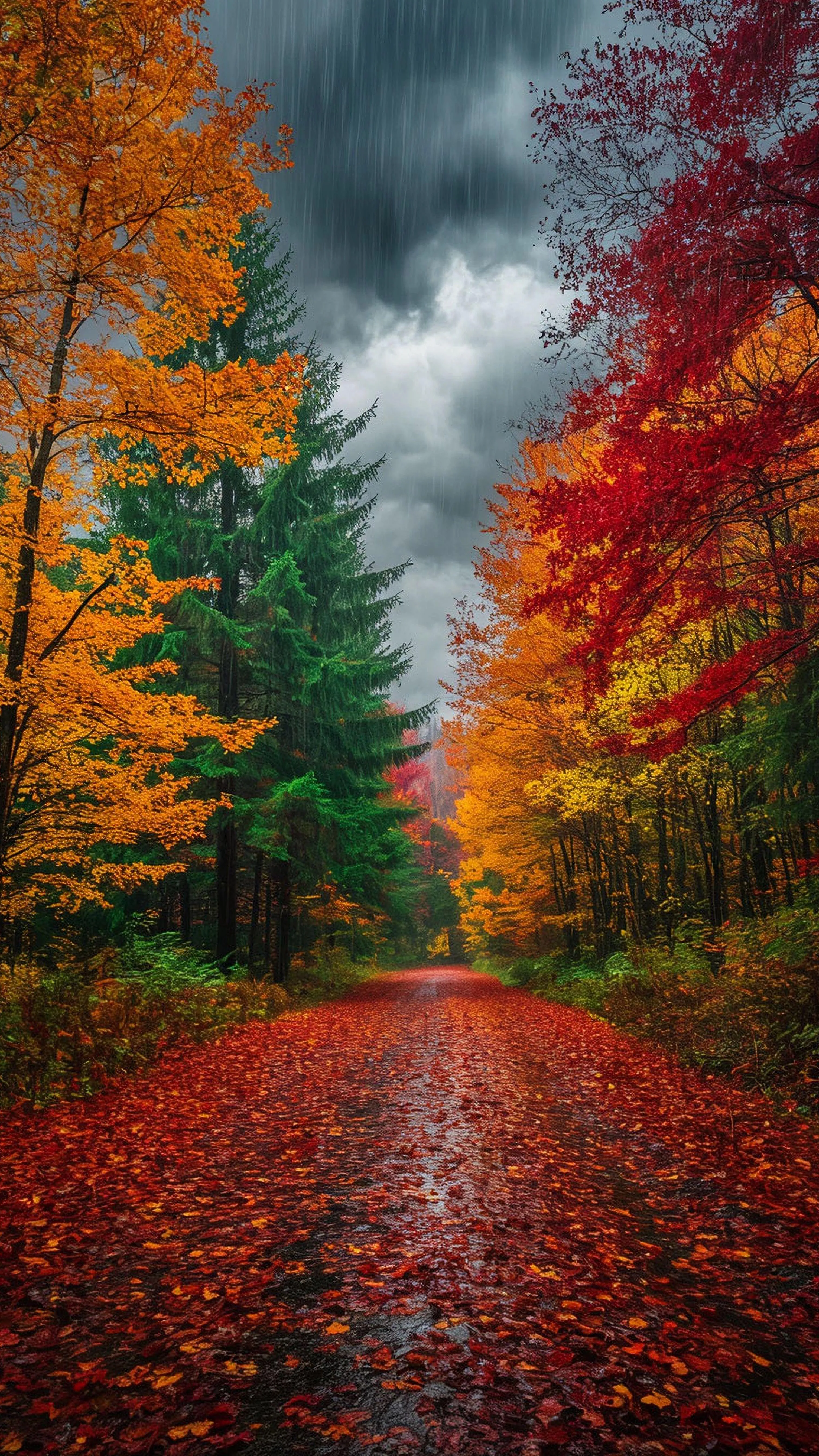 Autumn Trees and Leaves During Gentle Rain Shower Image