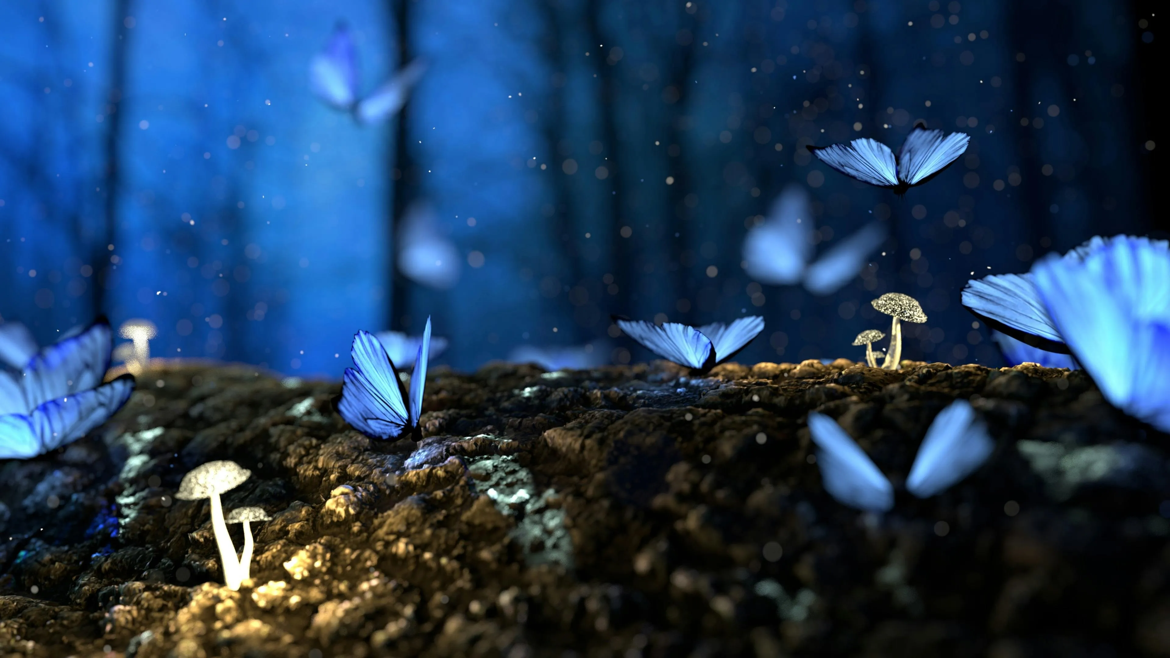 Blue Butterflies Flickering Above Tiny Mushrooms in the Wood