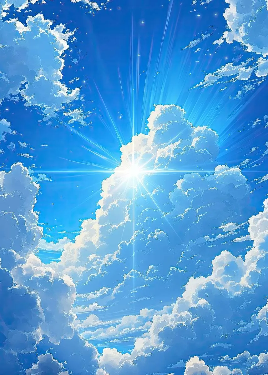 Bright Blue Sky with Radiant Clouds and Sun Rays Image