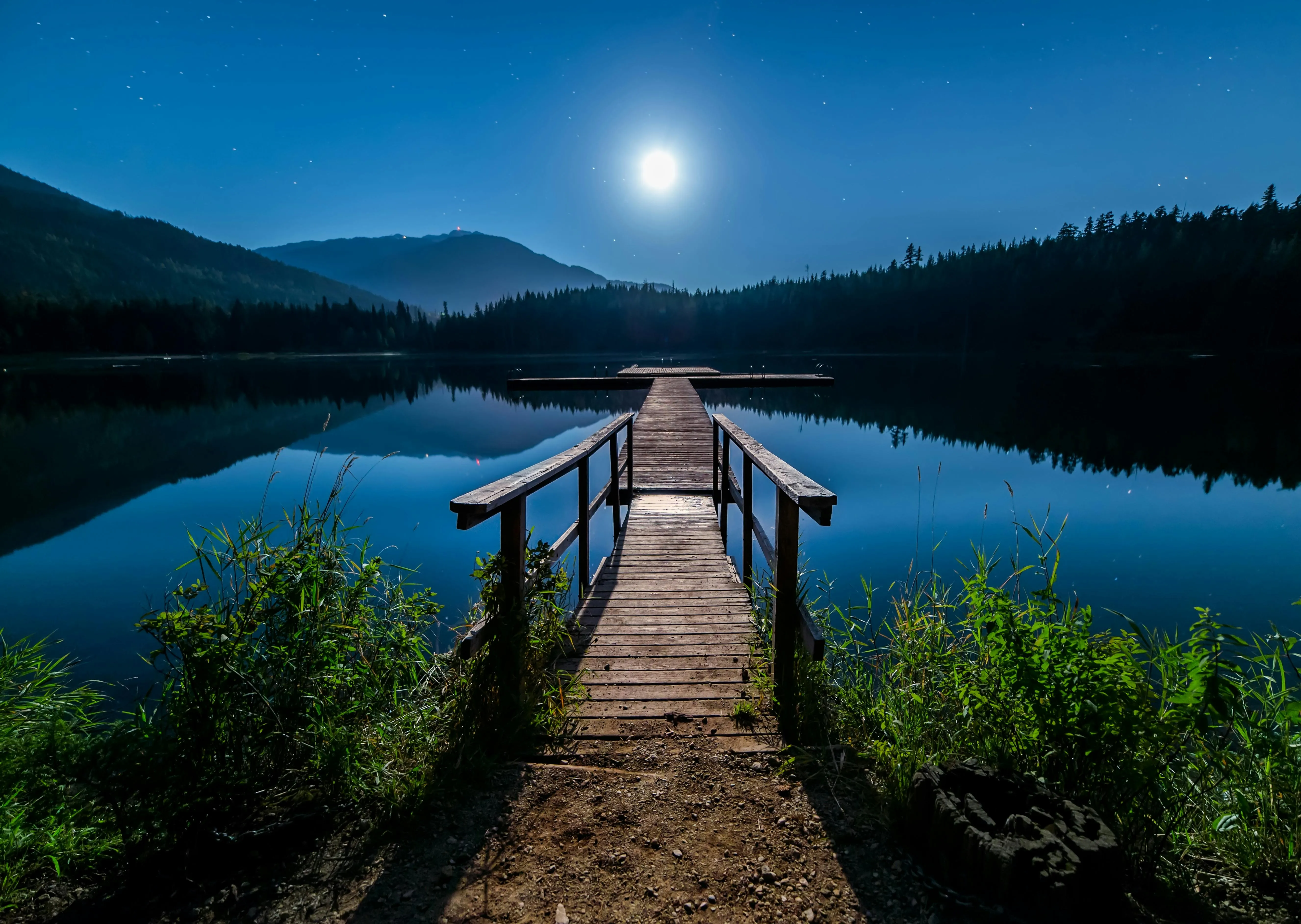 Calm Lake Under Blue Sky with Dock and Surrounding Trees
