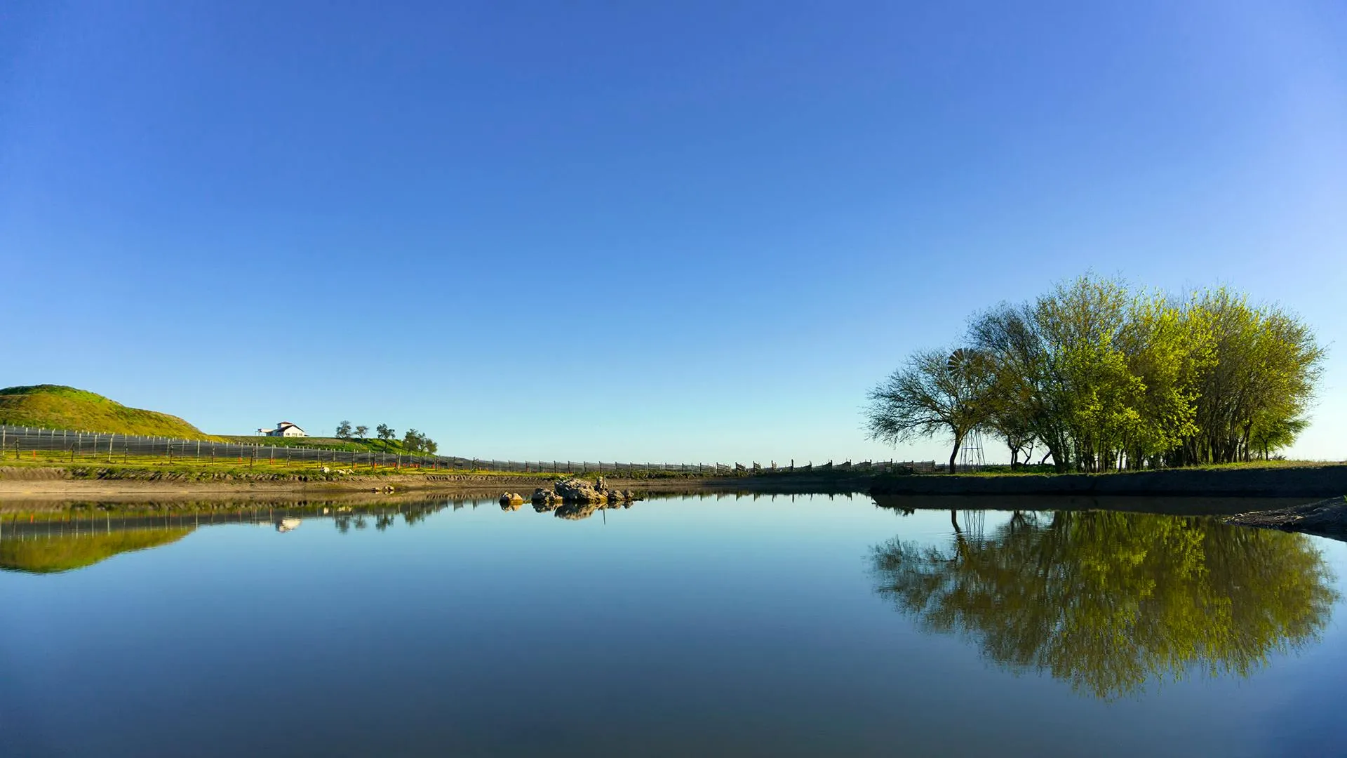 Calm River Reflecting Green Trees and Blue Sky Image