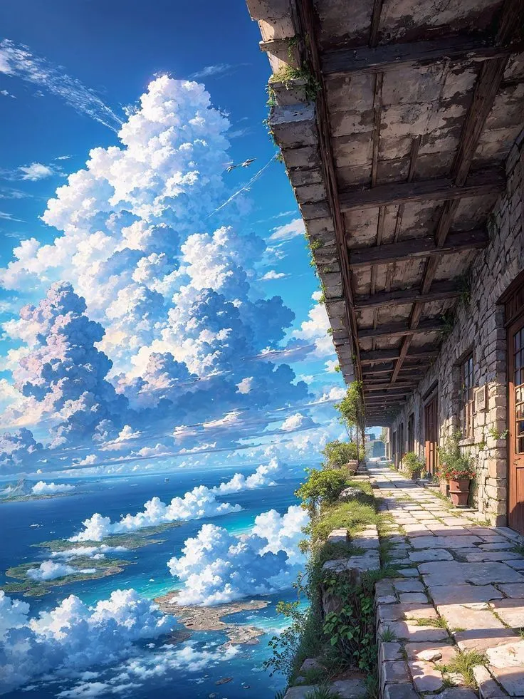 Cartoon Image of Blue Sky with White Clouds and Old Structure