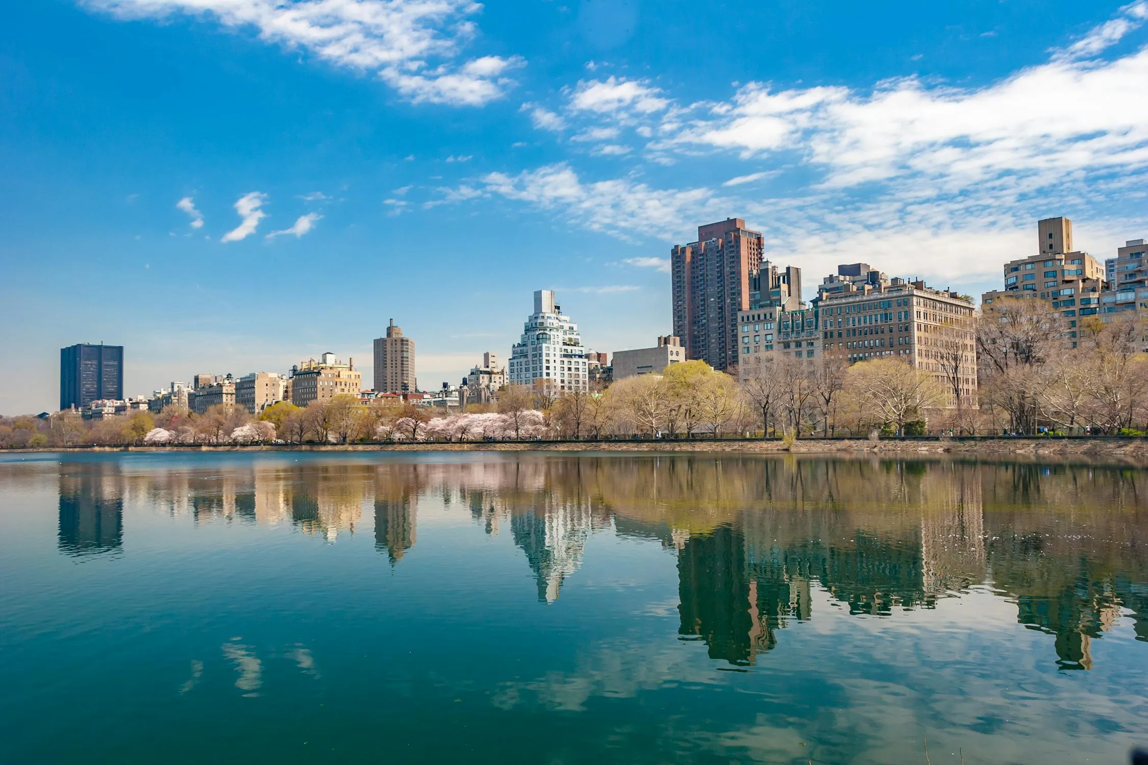 City Skyline Reflected on Water with Clear Blue Sky Image