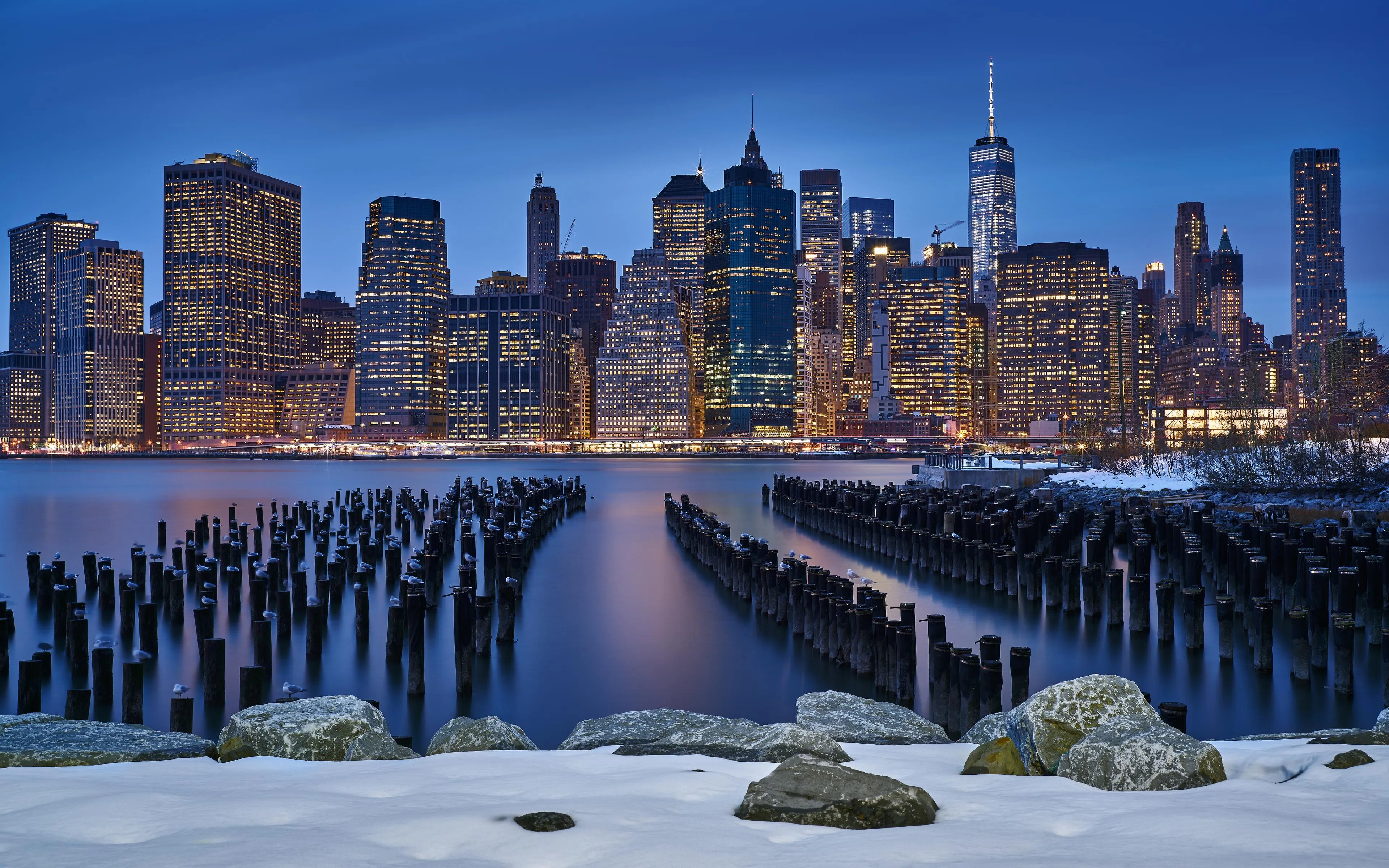 City skyline with skyscrapers at dusk with lights image
