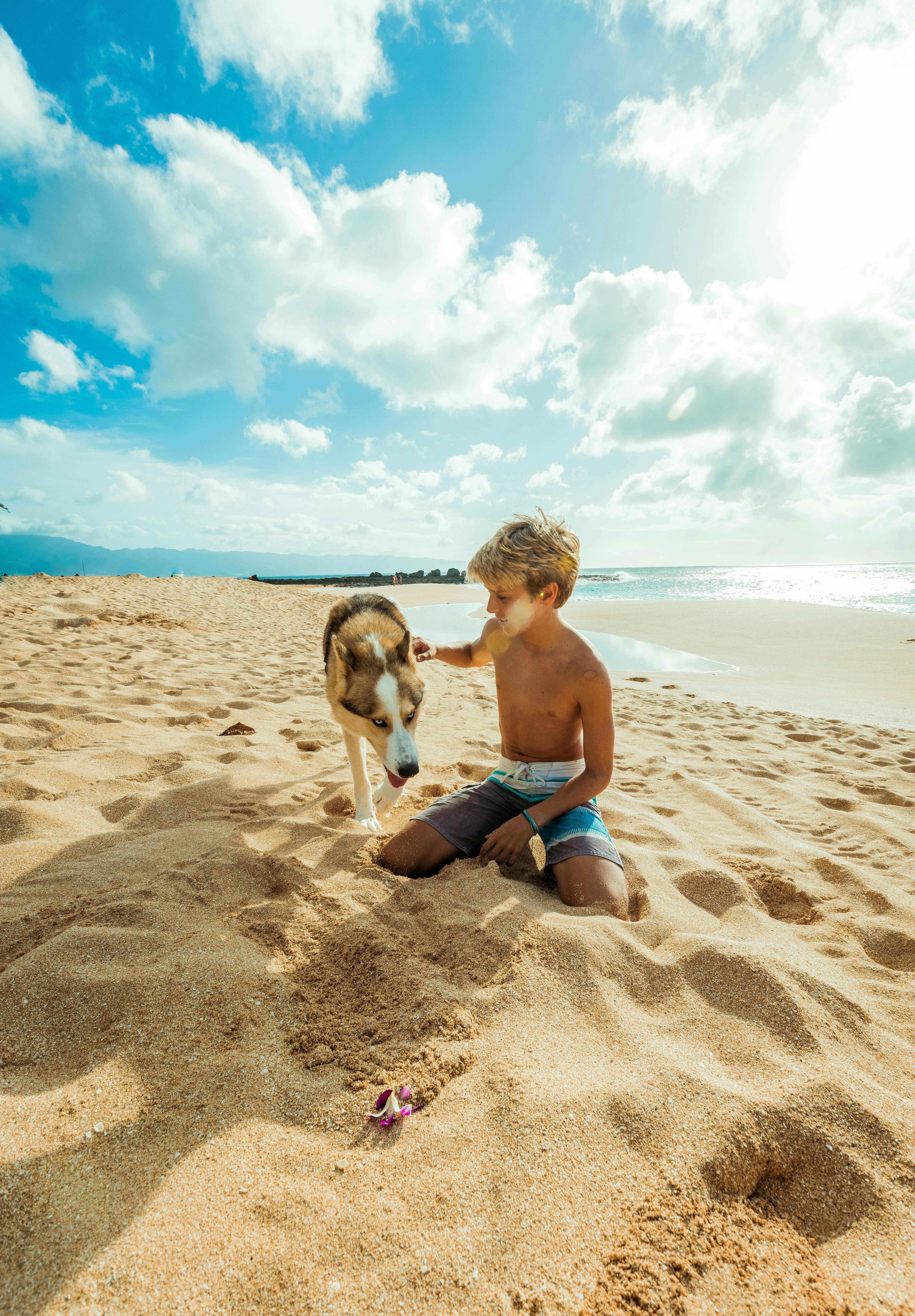 Clear Blue Sky with Soft Clouds Over Beach Sand and Play