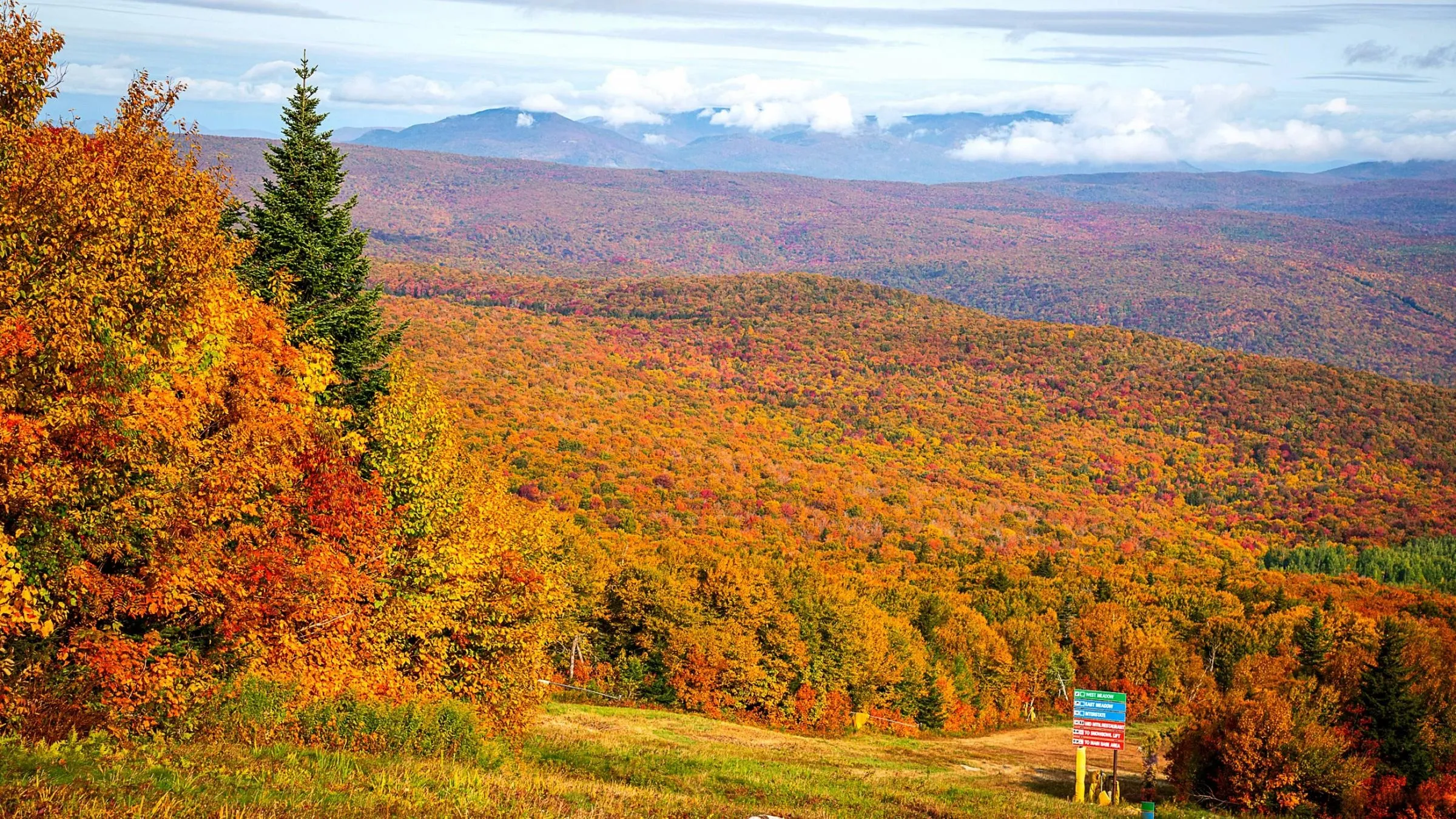 Colorful Autumn Hills Under a Cloudy Sky From an Overlook