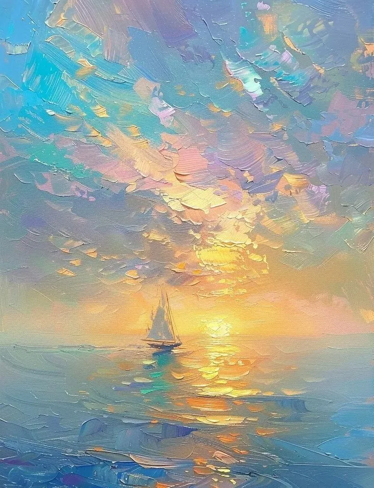 Colorful Sunset Painting with Ship Sailing Calm Waters