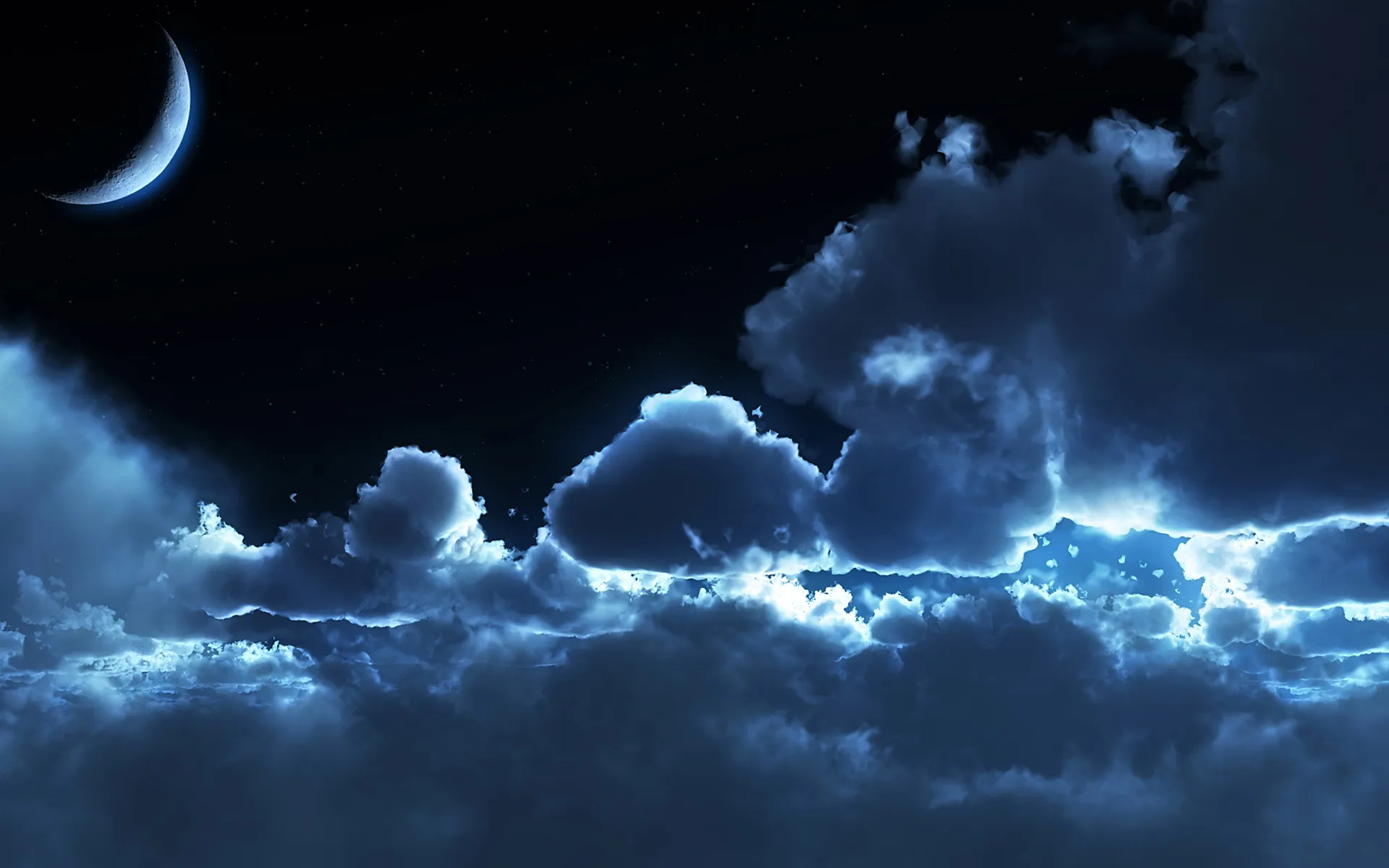 Crescent Moon Shining Over Dark Blue Cloudy Night Wallpaper