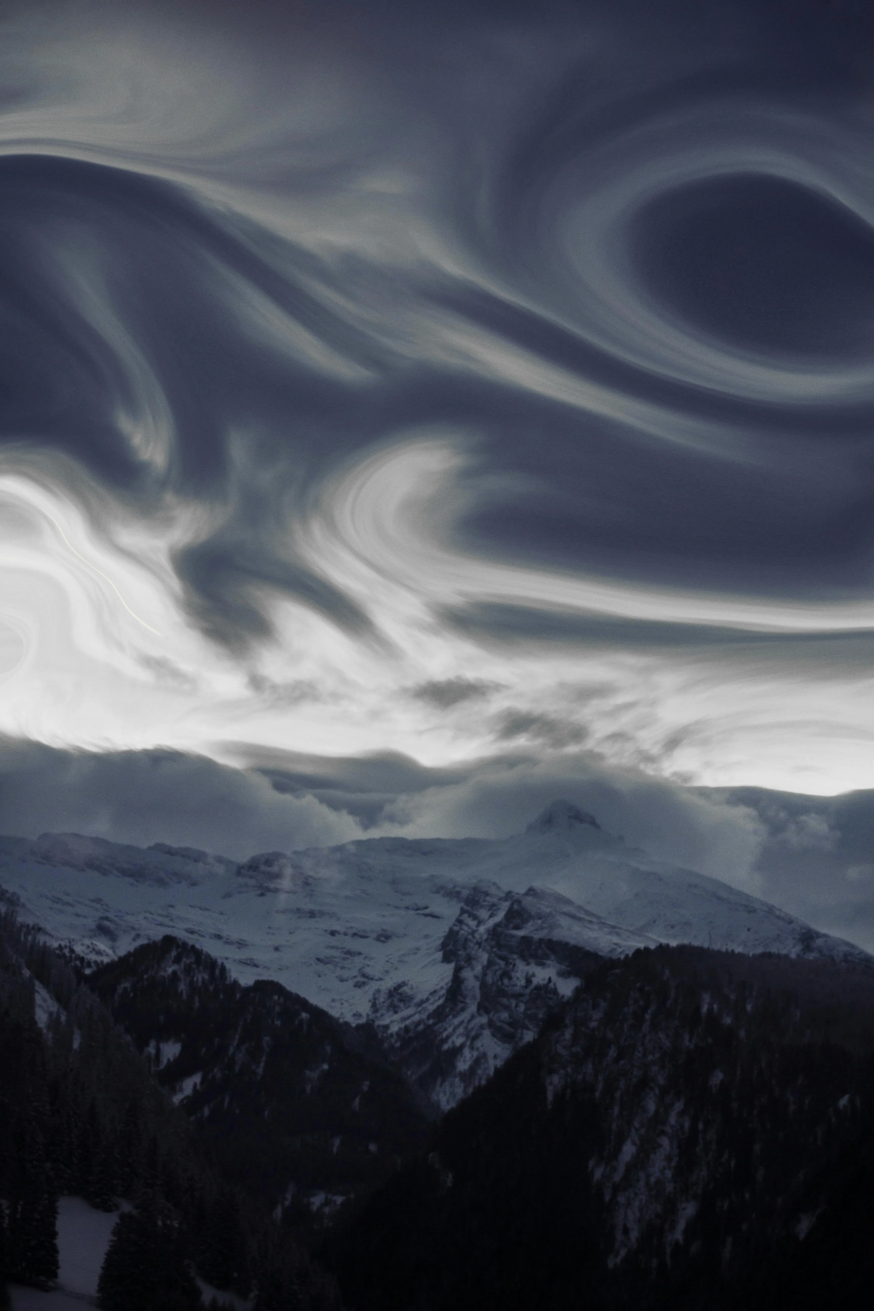 Dark Swirling Clouds Hovering Over Mountain Landscape
