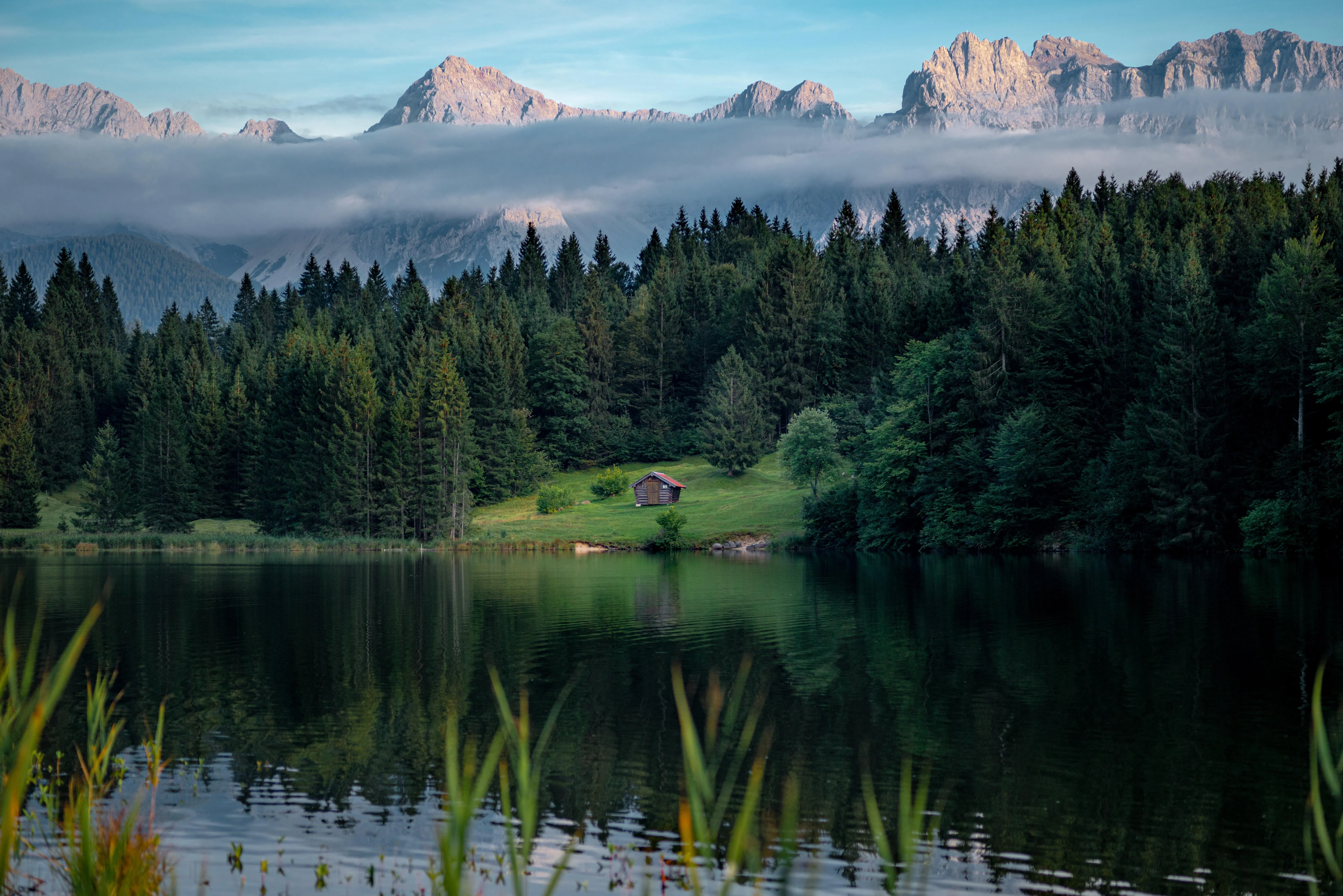 Dense green forest and sharp peaks with clear blue sky