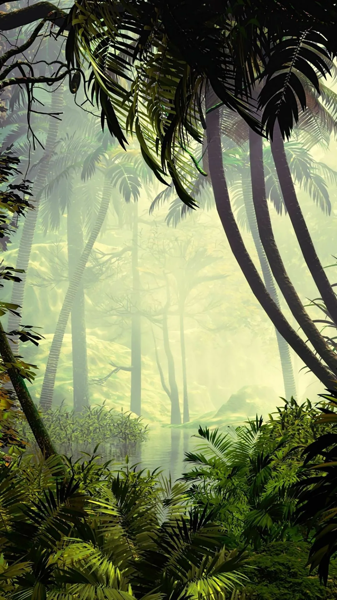 Dense Rainforest with Hanging Vines and Morning Mist