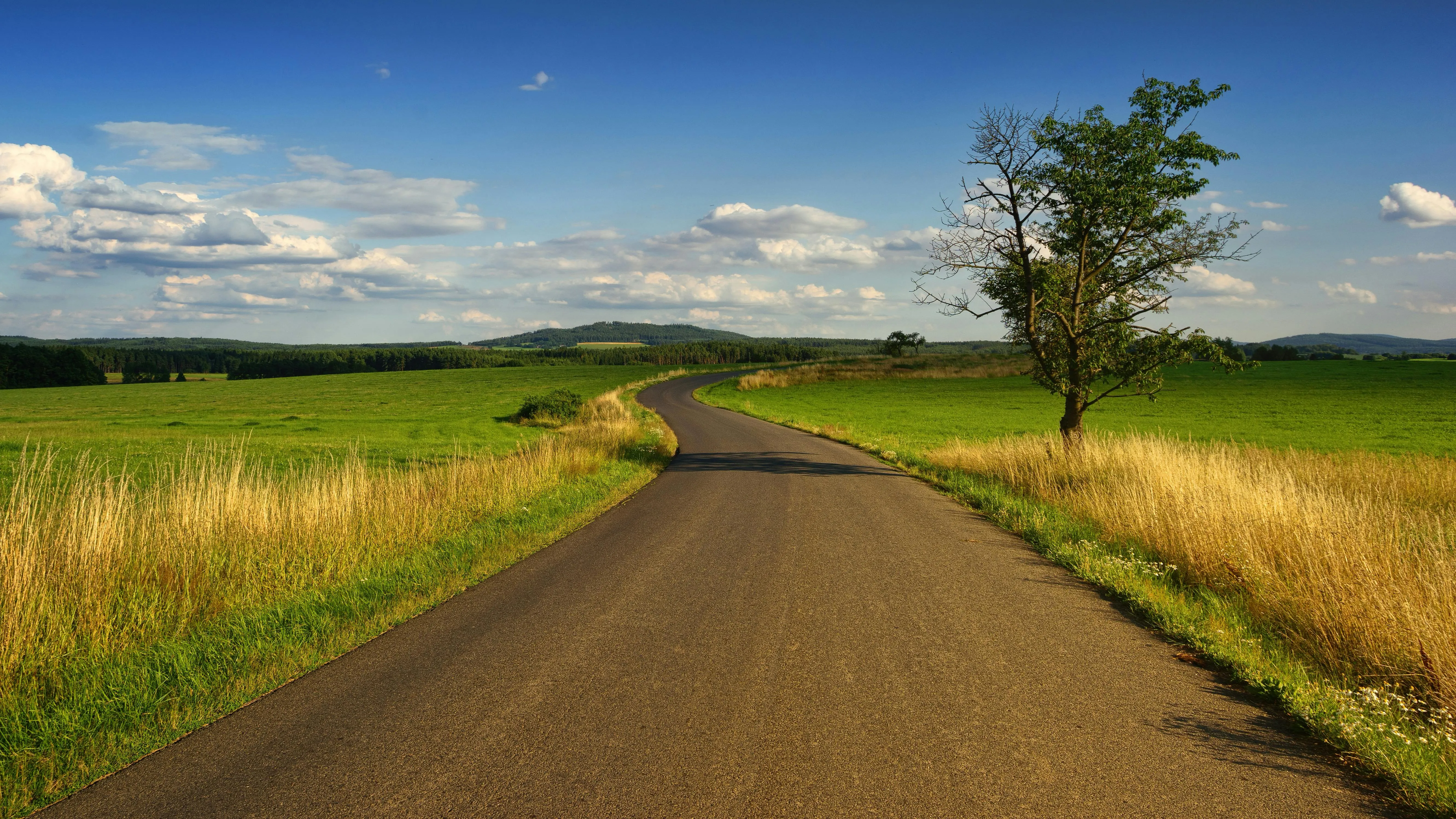 Empty Country Road Through Green Fields Under Blue Sky