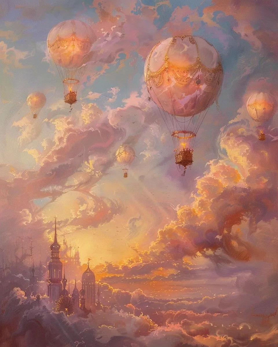 Fantasy Sky with Hot Air Balloons in Colorful Clouds HD