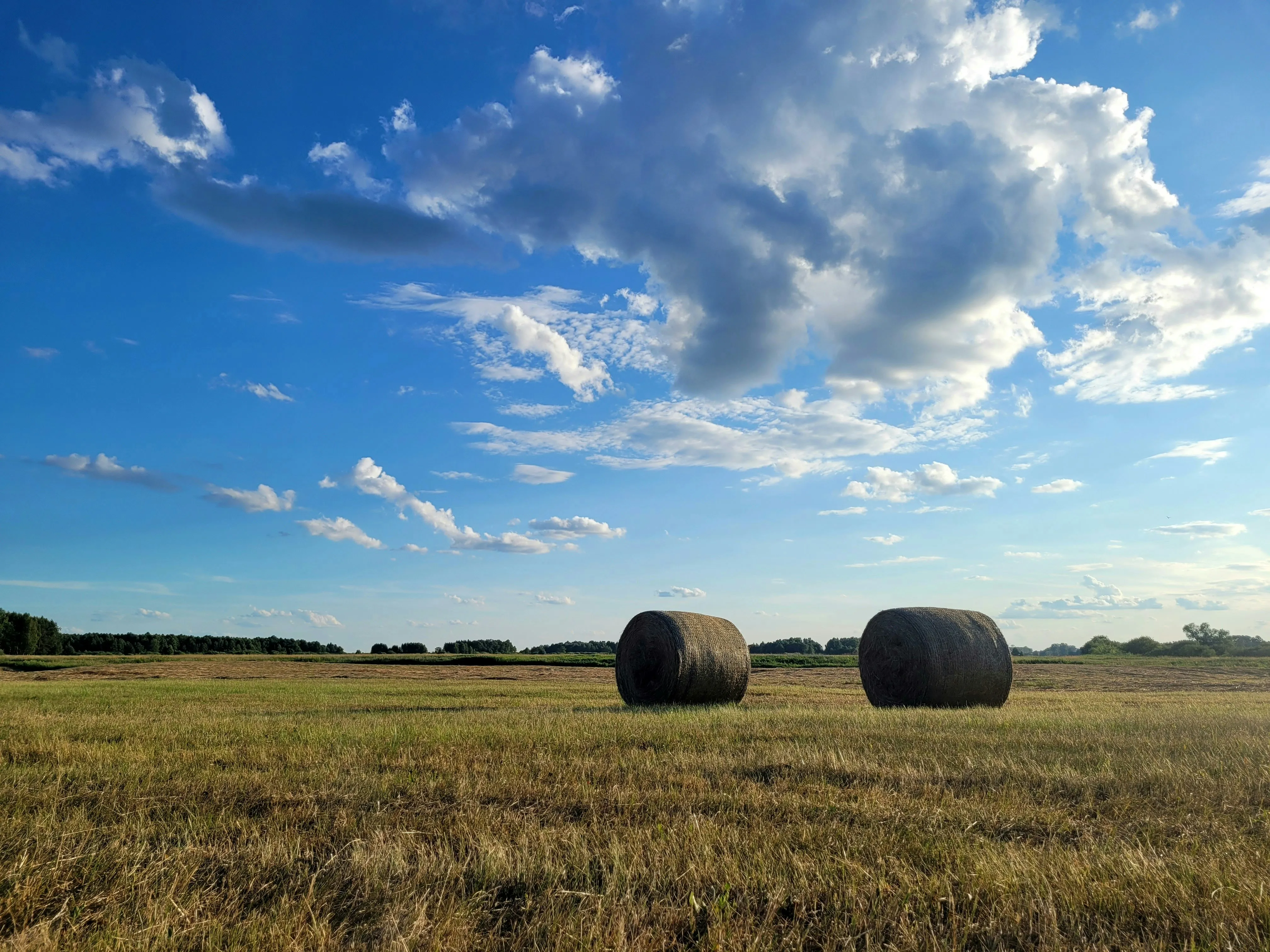 Field with Hay Bales Under Blue Sky and Scattered White Clouds