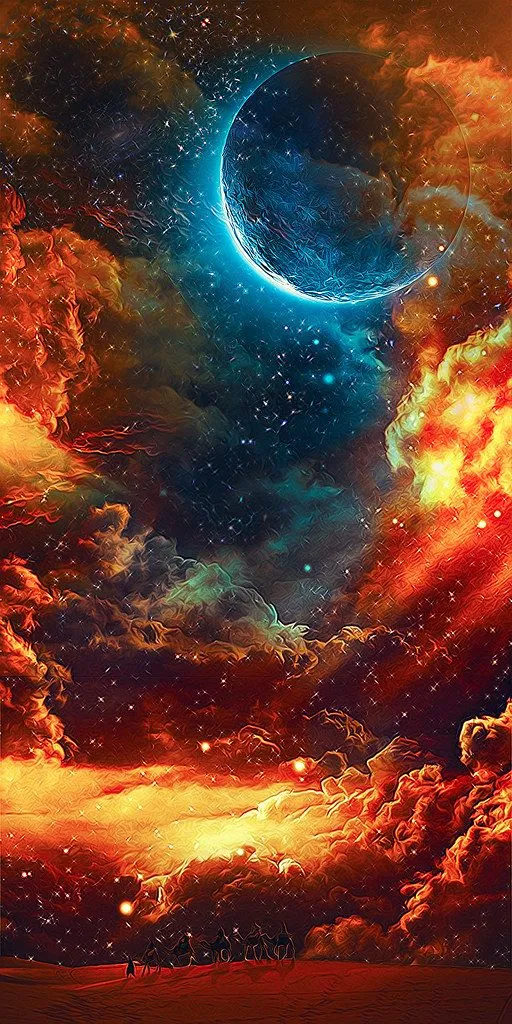 Fiery Cosmic Scene with Blue Moon and Glowing Clouds