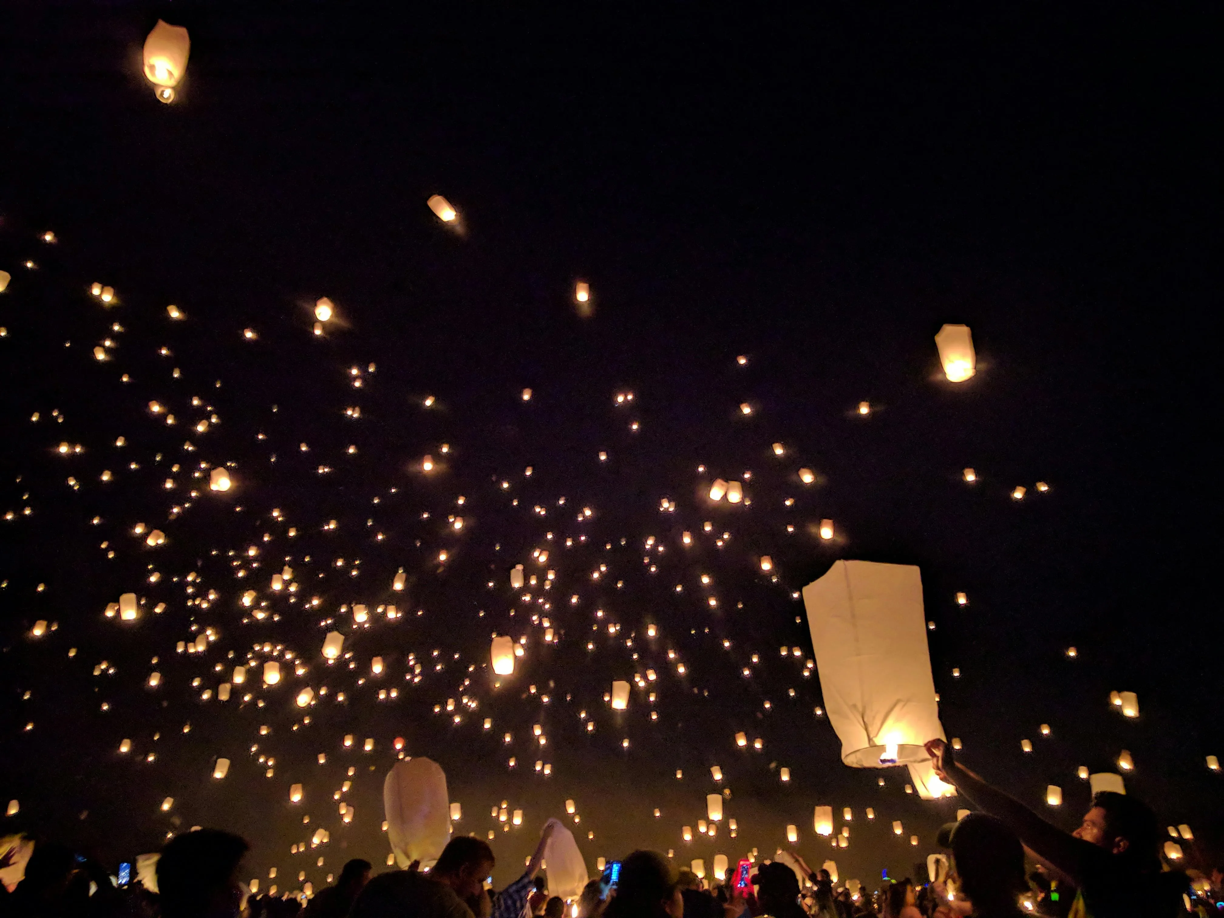 Fire Lanterns Floating Up Into the Starry Night Sky