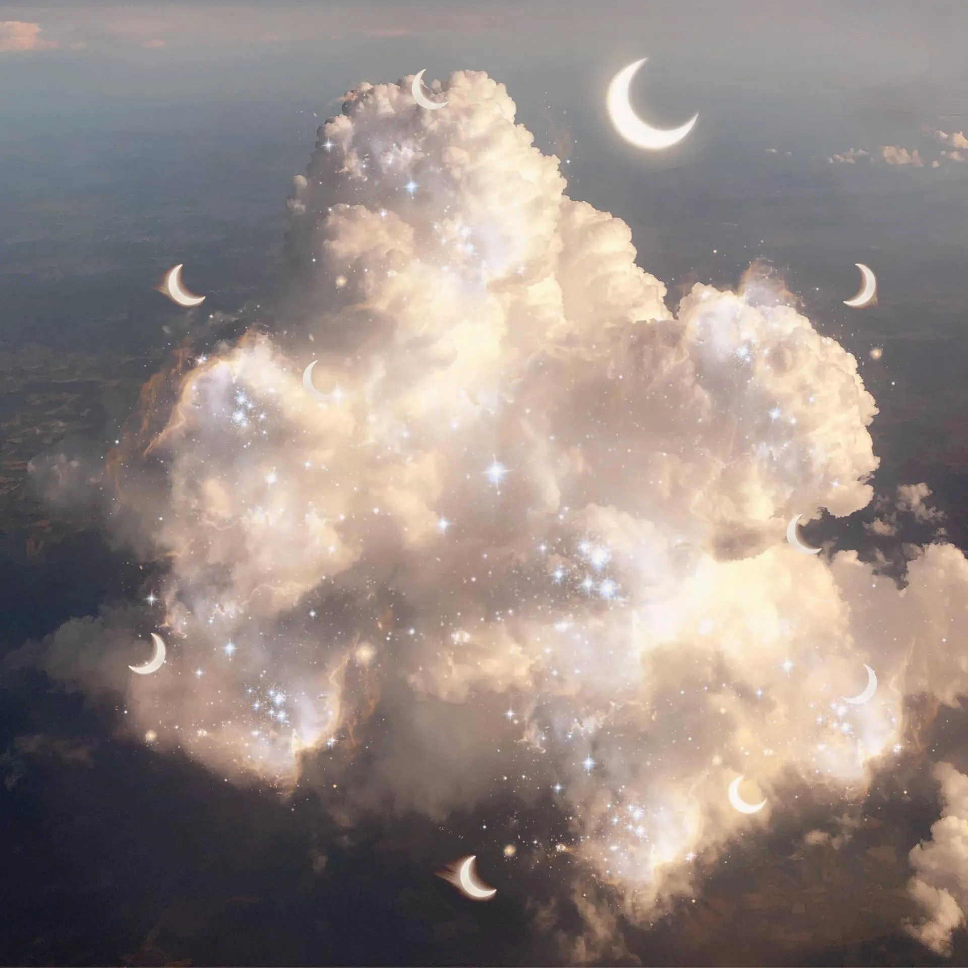 Fluffy White Cloud with Moon and Stars at Twilight Image