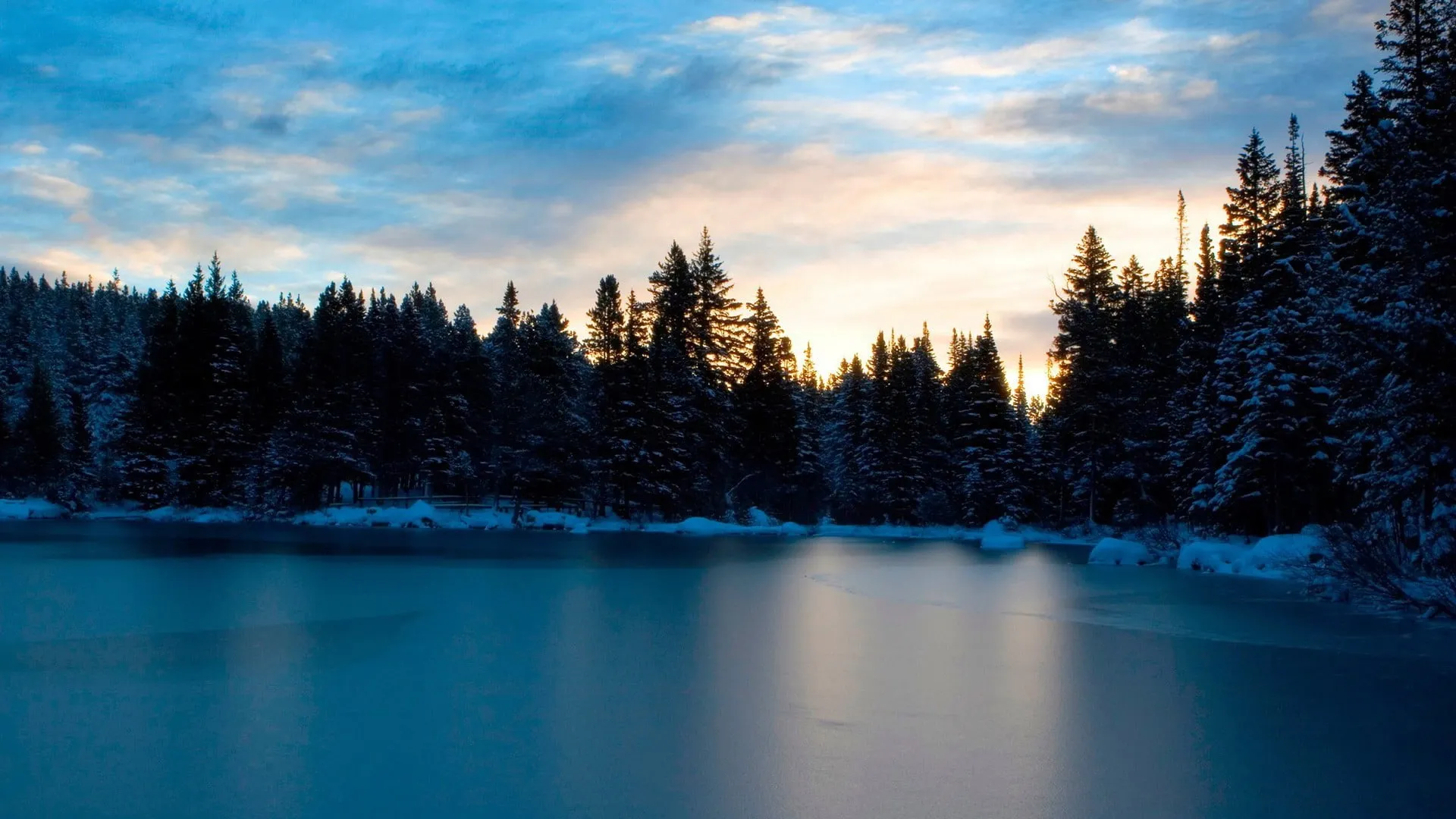 Frozen Lake Bordered by Dark Pine Forest Under a Cloudy Sky