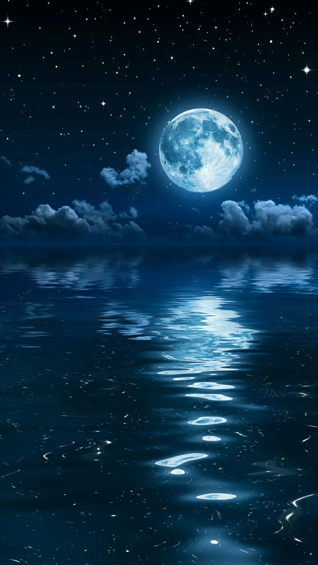 Full Moon Shining Over Calm Reflective Ocean at Night