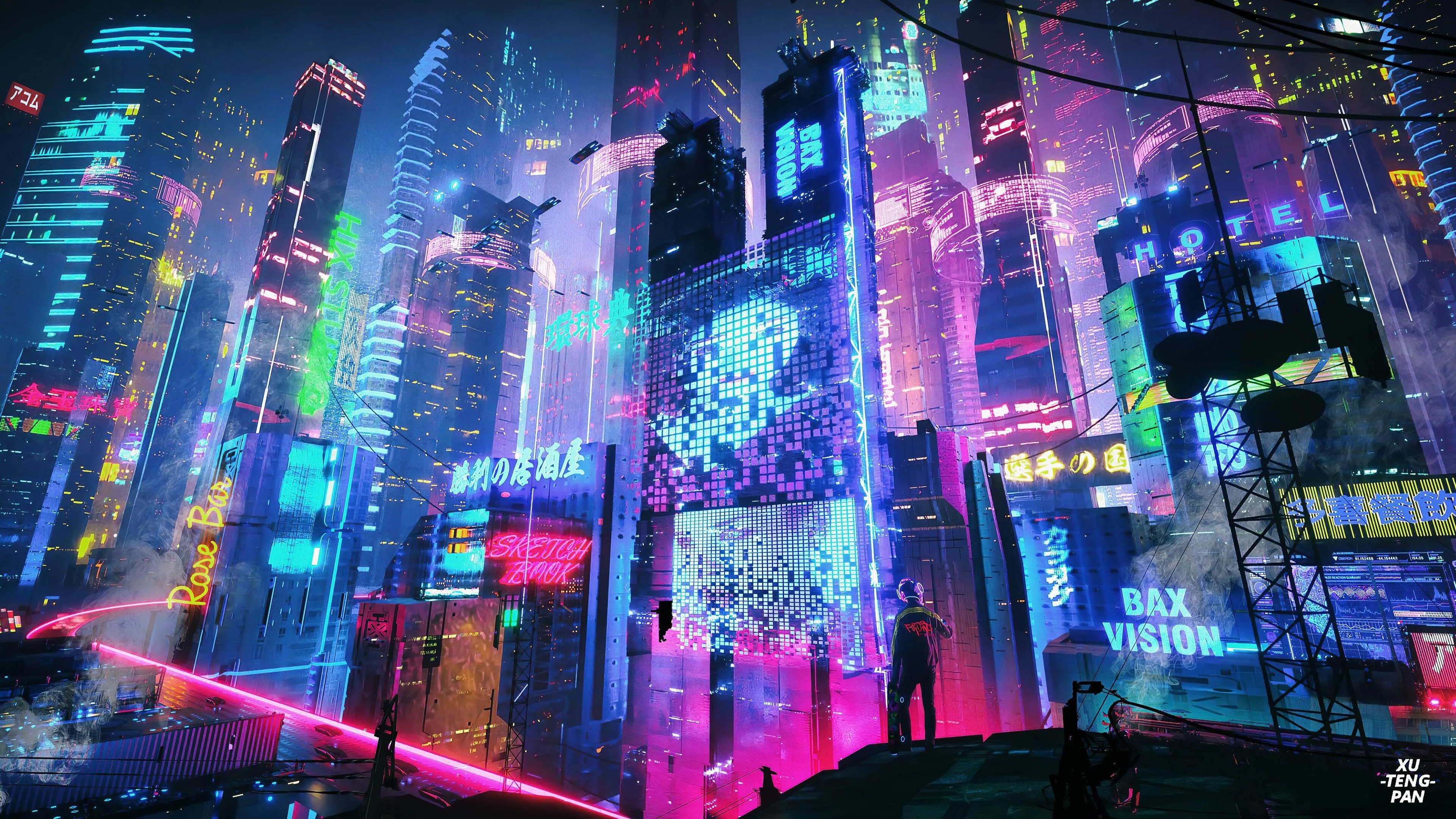 Futuristic neon lights and buildings in night city