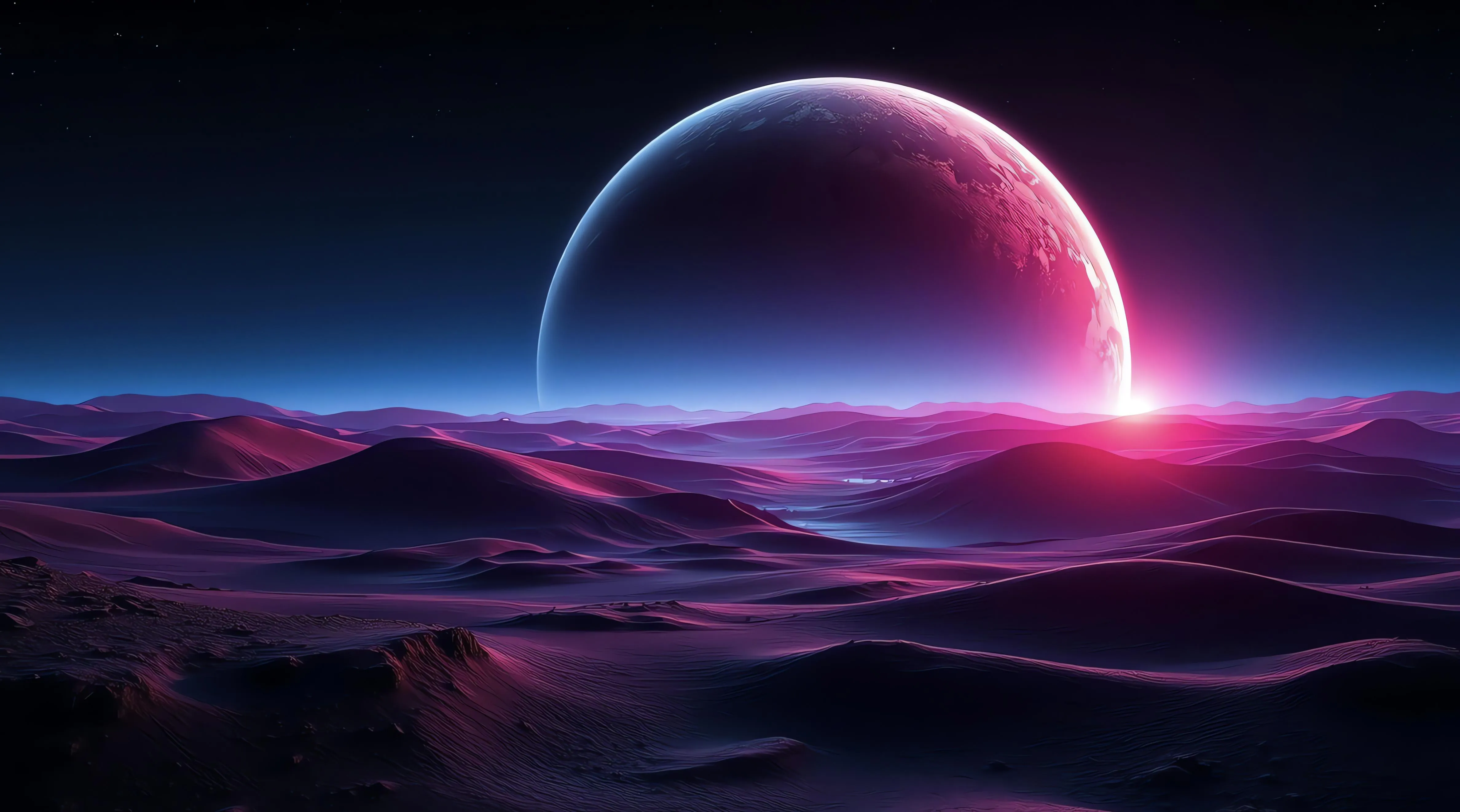 Futuristic scene with glowing planet and purple sky