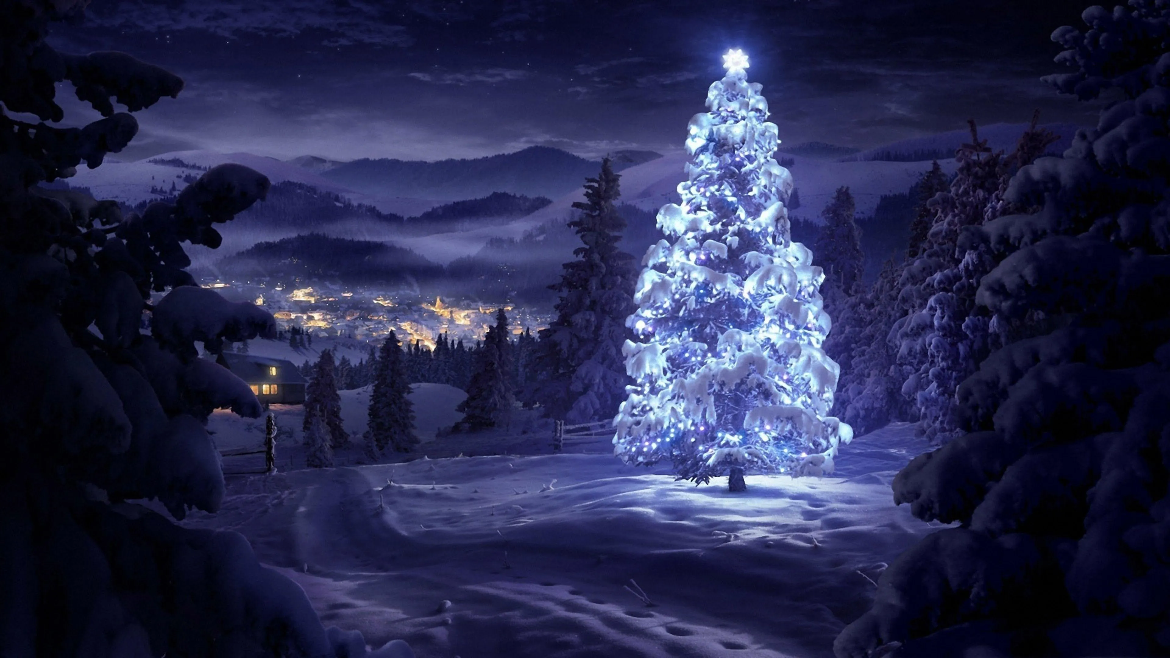 Glowing Blue Christmas Tree in Snowy Forest Night image
