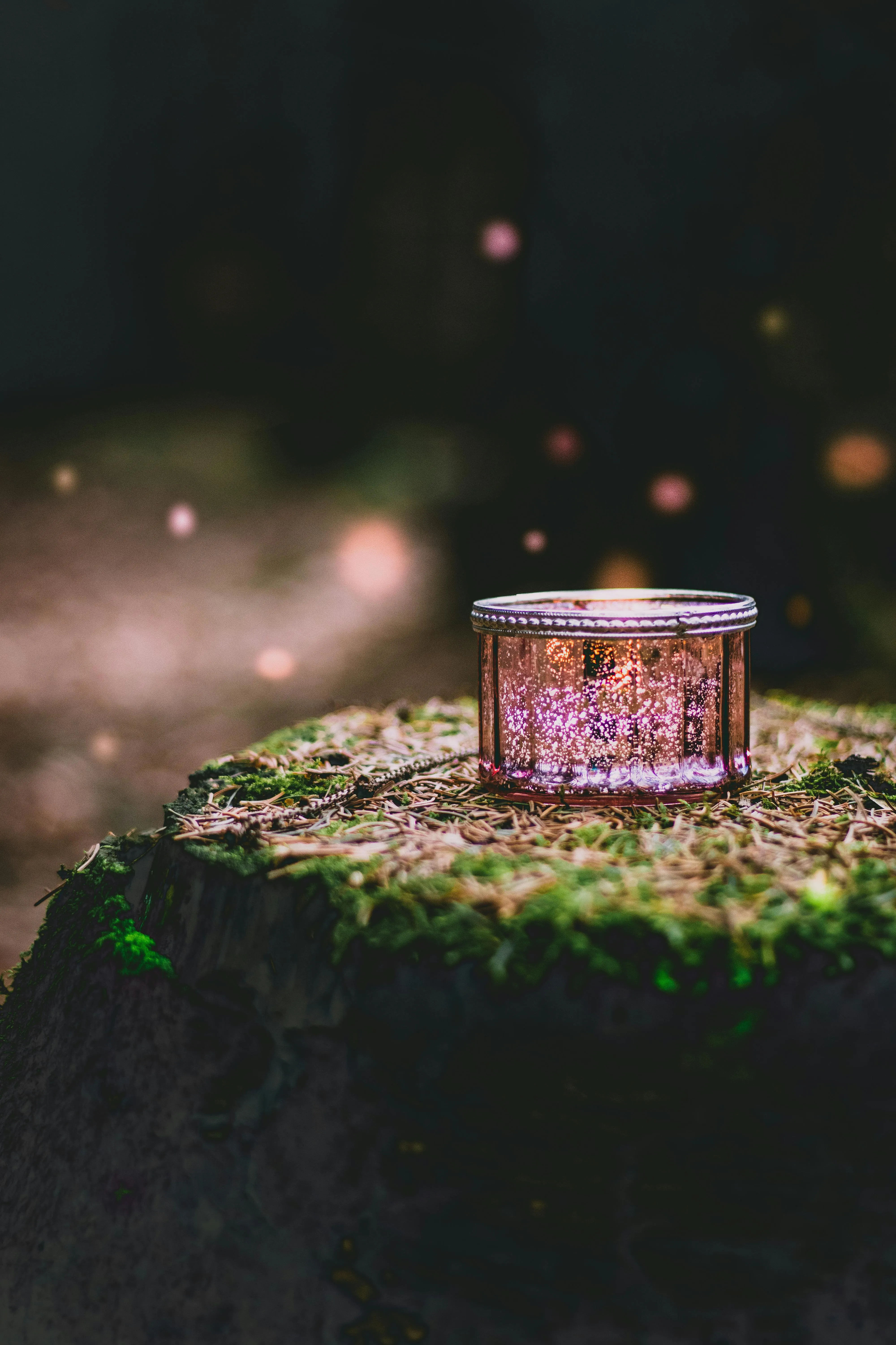 Glowing Candle on a Mossy Tree Stump in a Magical Forest
