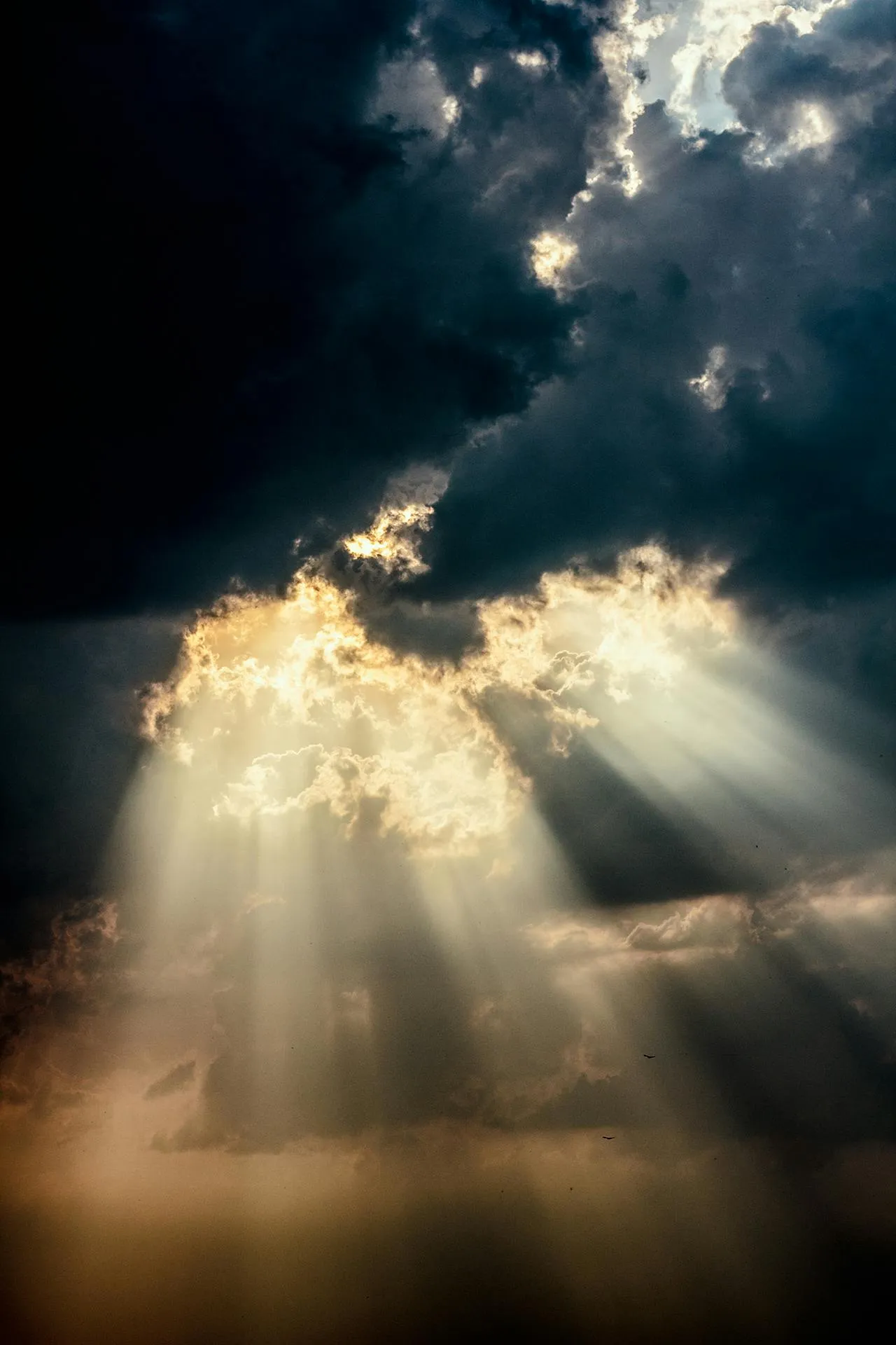 Golden Sun Rays Piercing Through Thick Cloud Cover Image