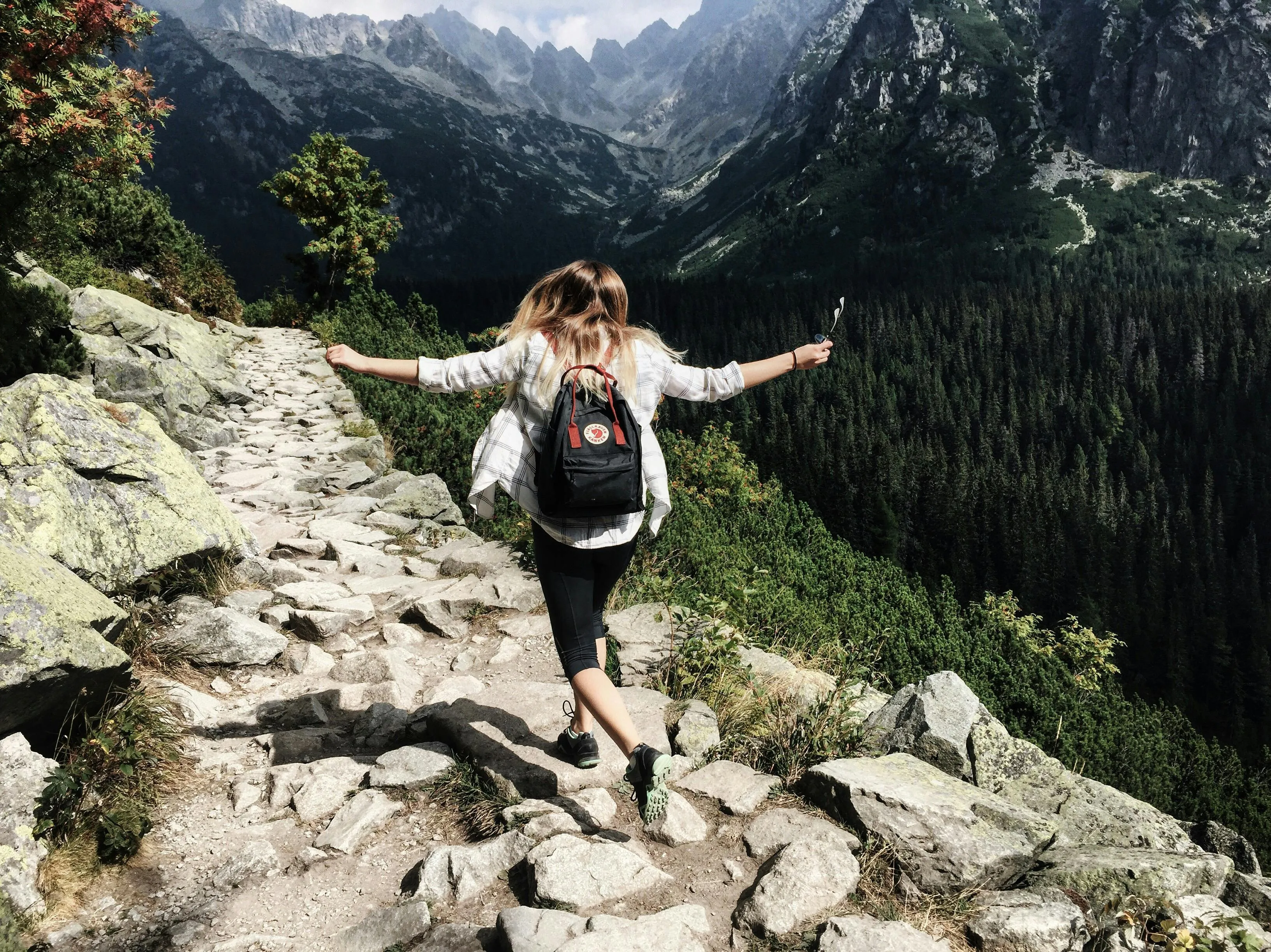 Hiker Walking on a Rocky Trail with Forested Mountains