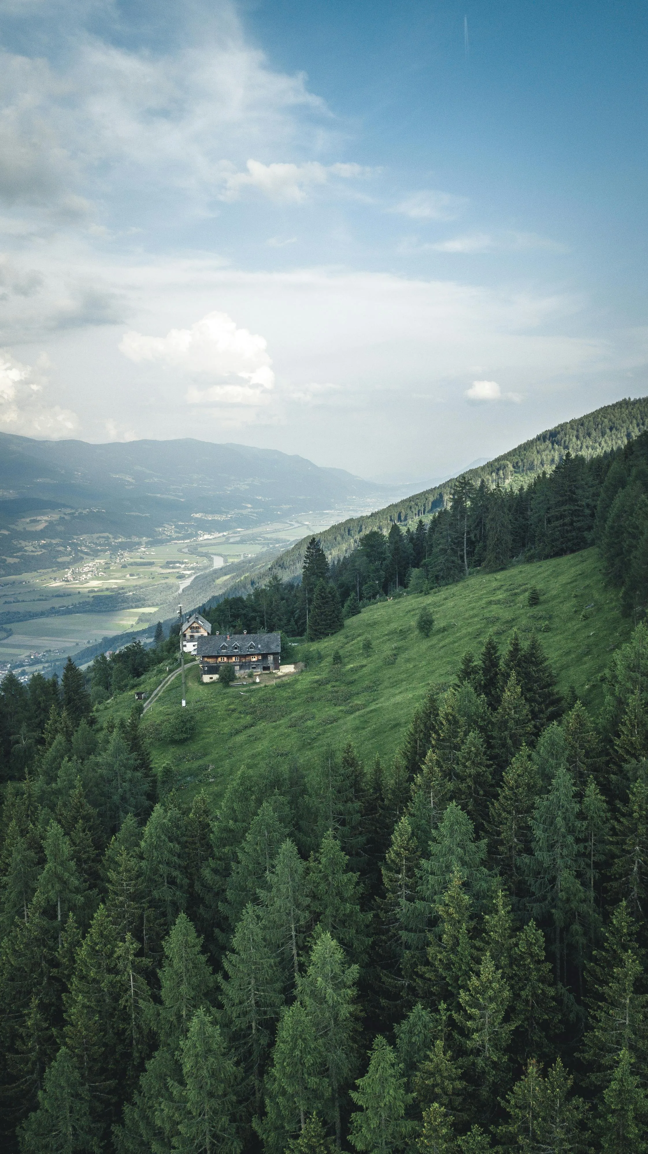 Hillside Forest View with a Valley Town and a Cloudy Sky