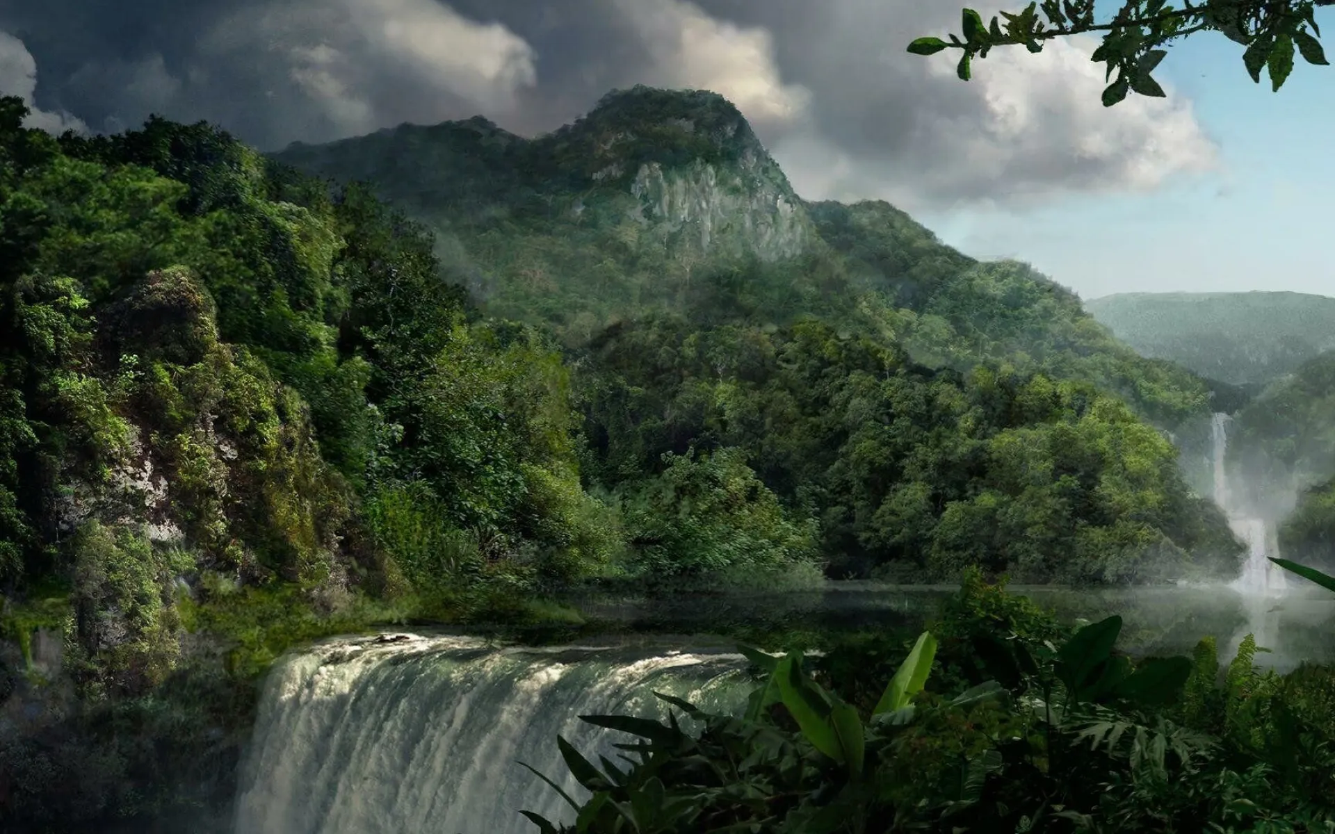 Jungle Waterfall Flowing Beneath a Lush Mountain Canopy