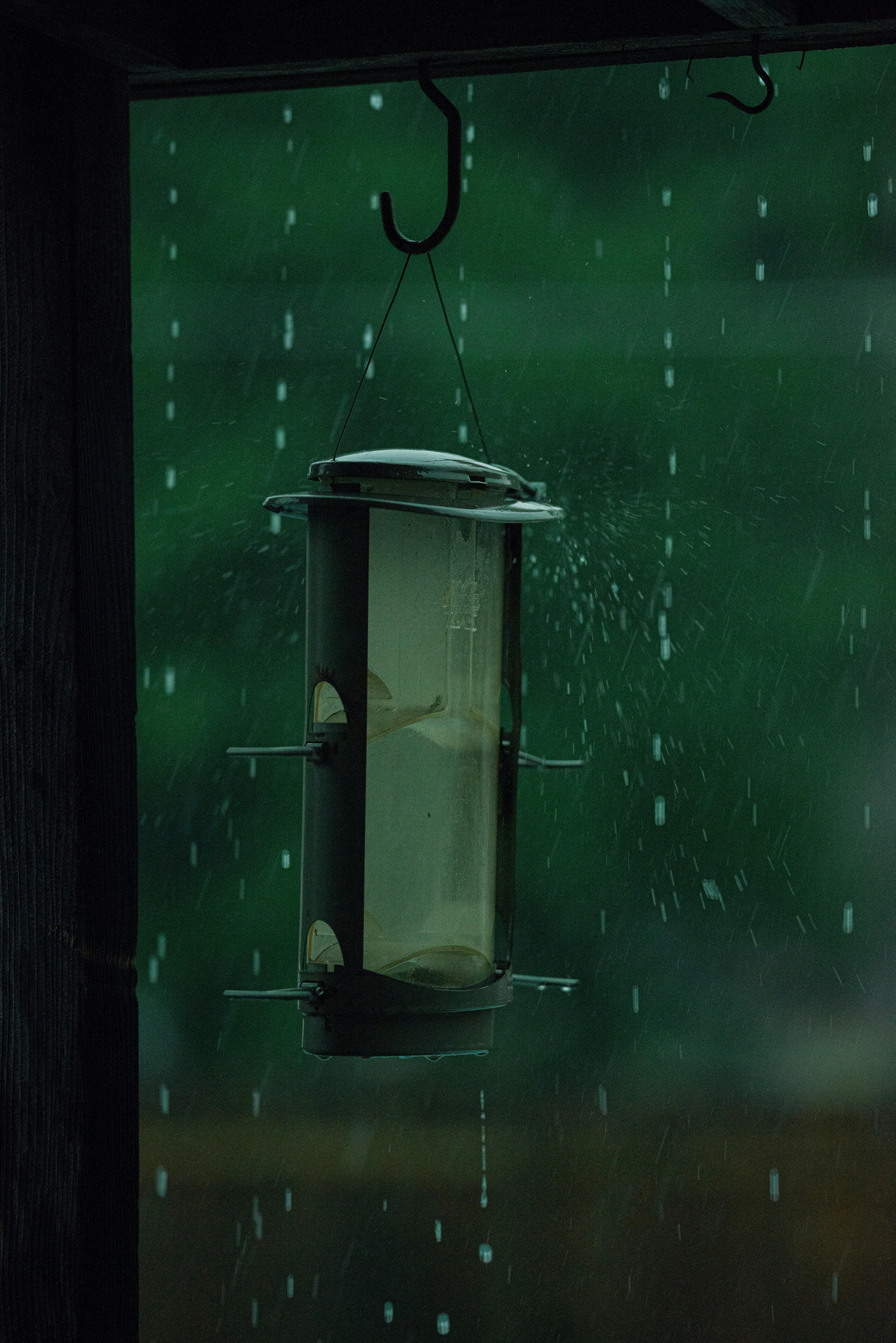 Locked Green Door with Raindrops on its Glass Pane