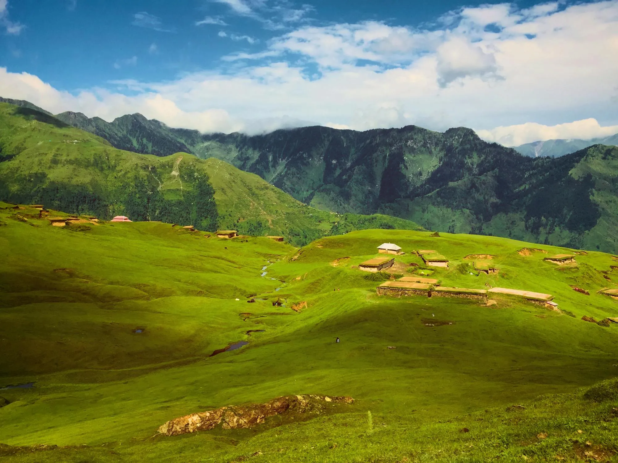 Lush Green Hills Under Clear Sky with Puffy Clouds Image