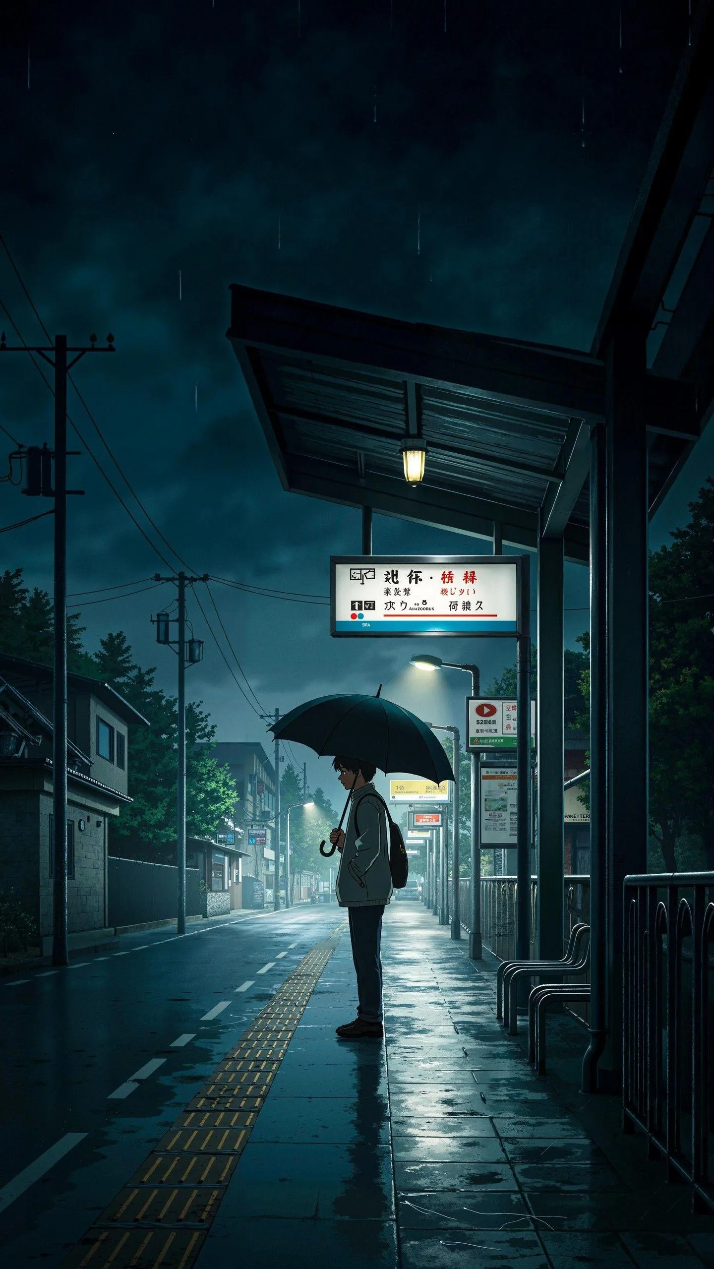 Man Standing in Light Under Tall City Buildings in Rain