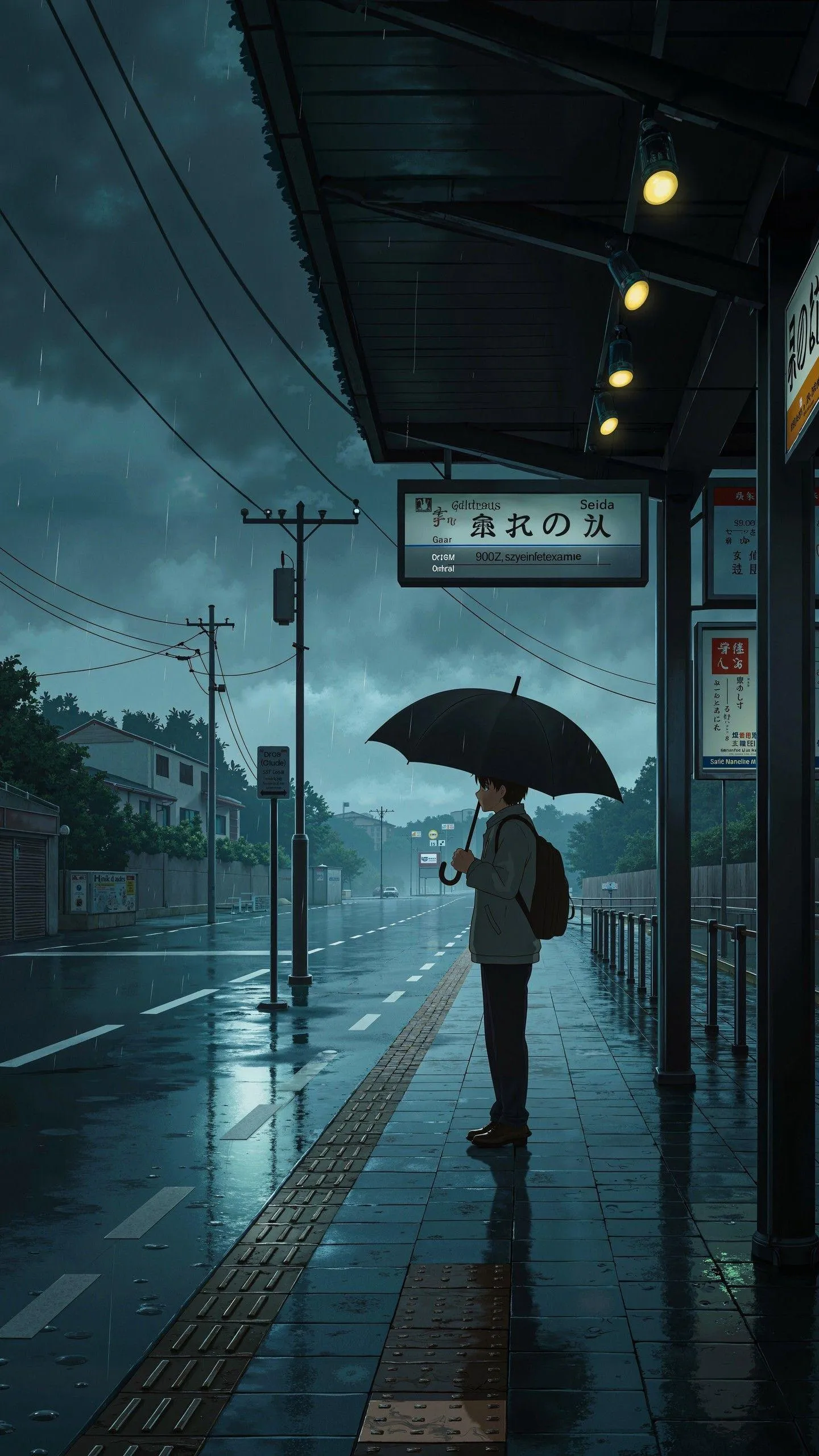 Man Walking at Night Under Umbrella in Rainy Street