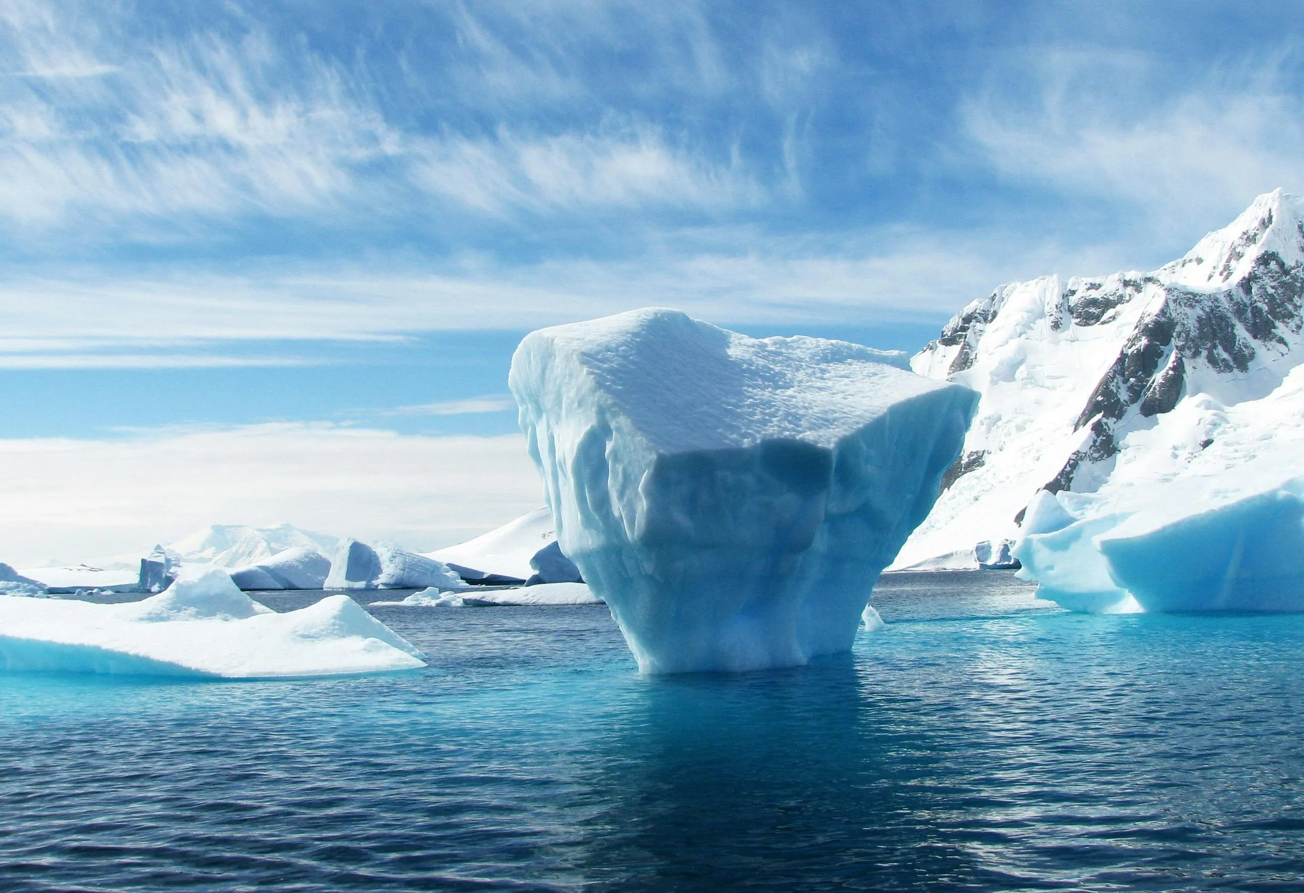 Massive Icebergs Floating in Calm Polar Ocean Waters