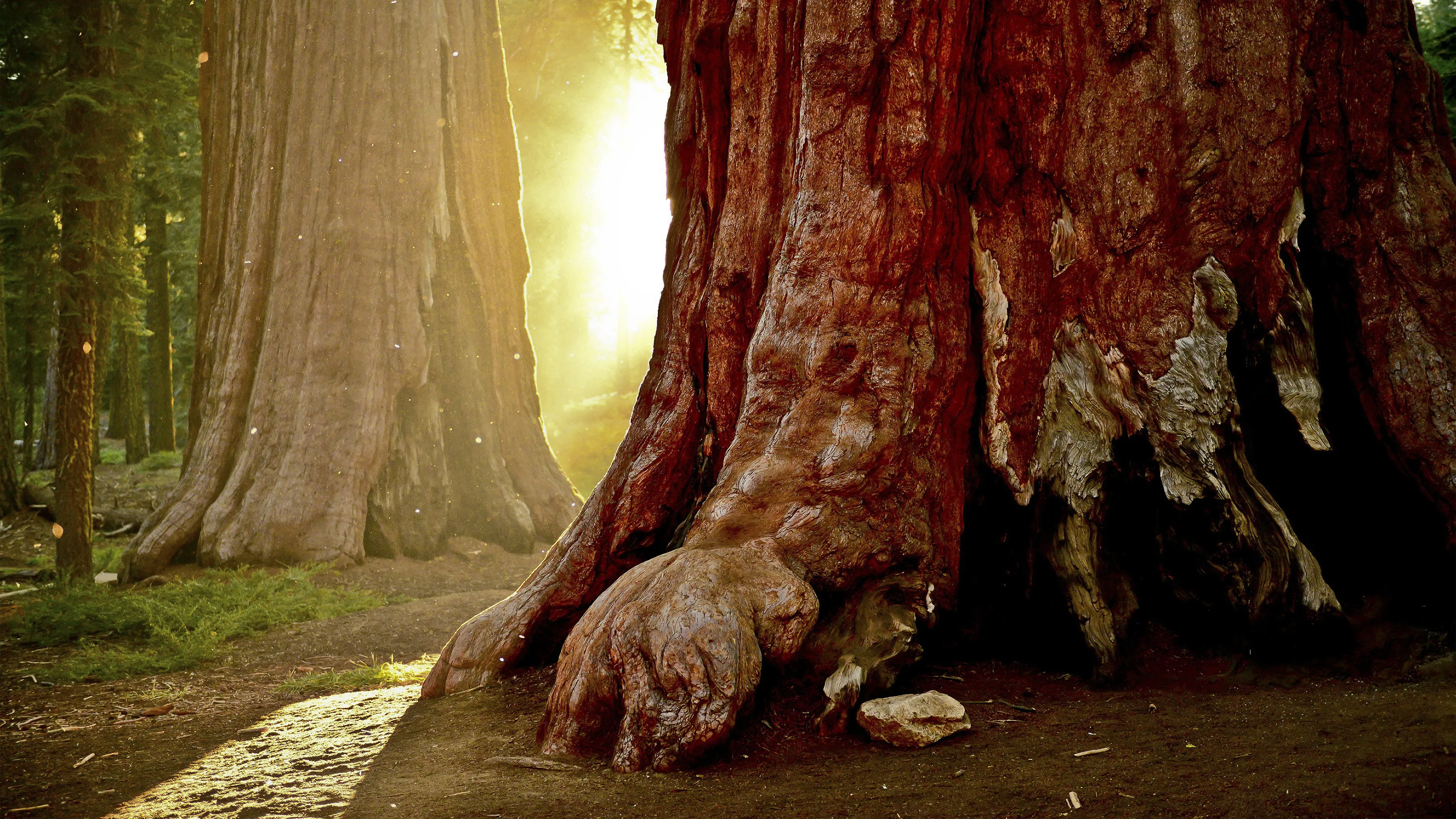 Massive Redwood Tree Base in an Ancient Forest Morning