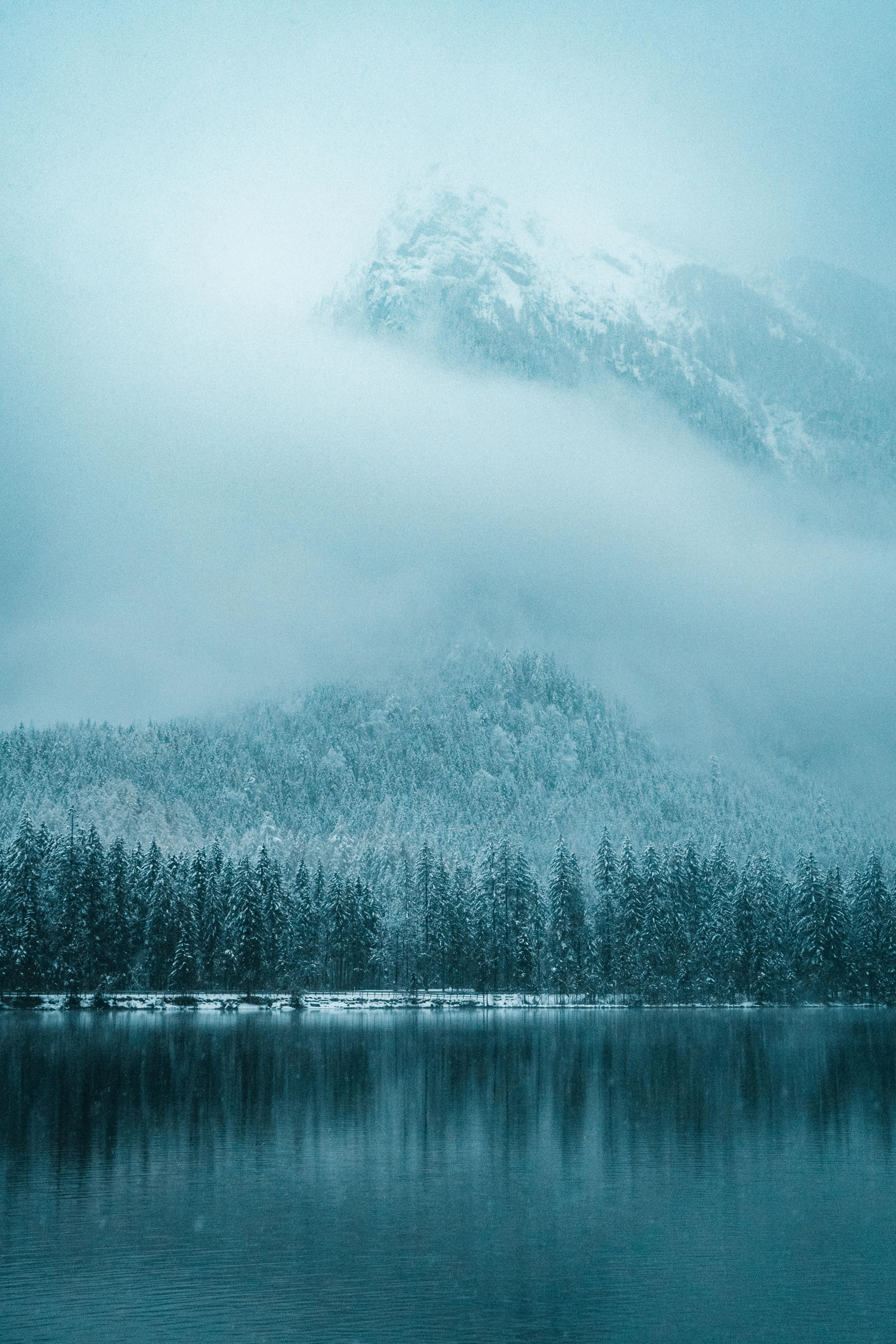 Mist Rising Over the Lake with Snowy Mountain and Pine Trees