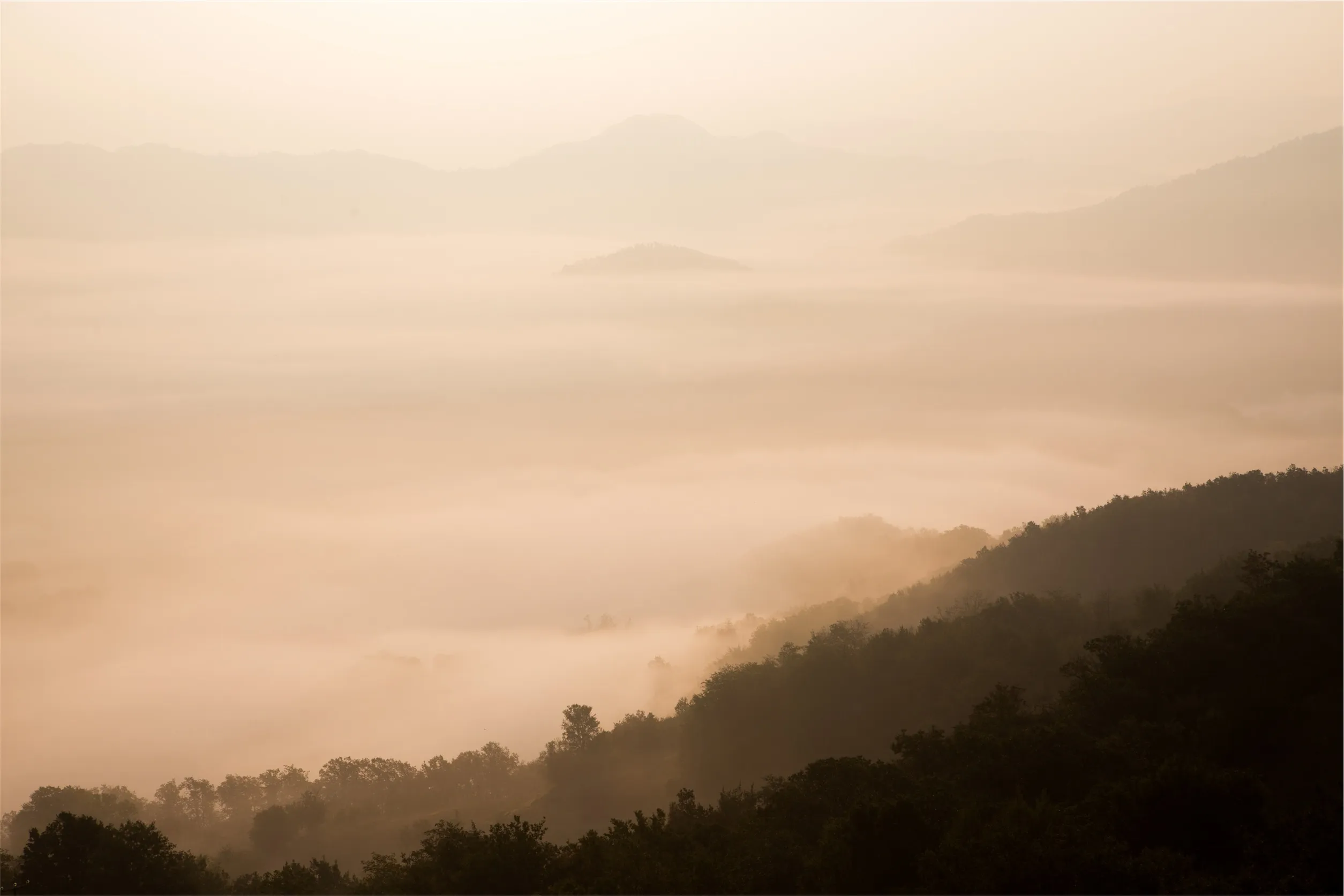 Misty Hills Fade Into Golden Morning Sky Wallpaper 4K