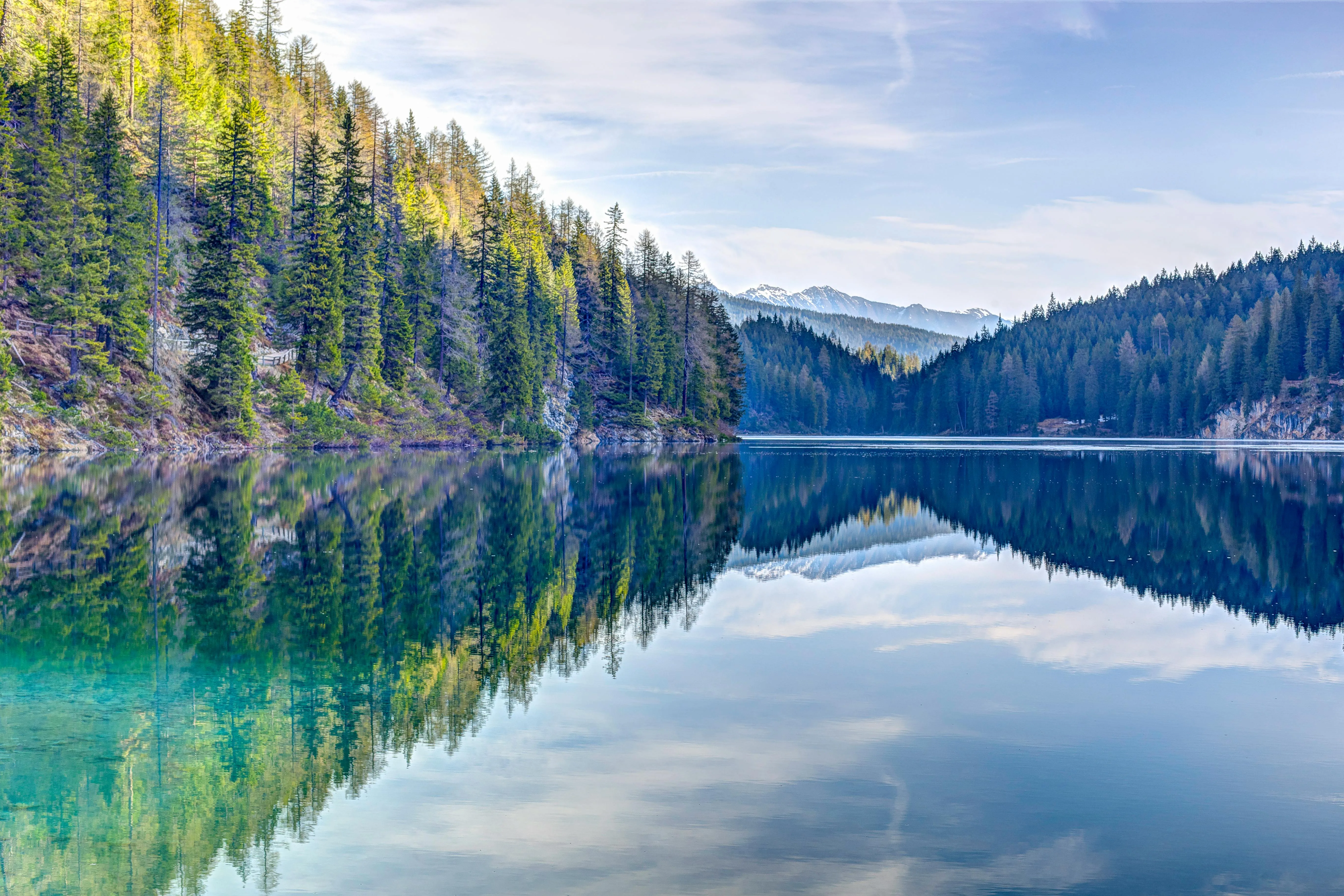 Mountain Lake Reflecting Blue Sky and Yellow Autumn Trees