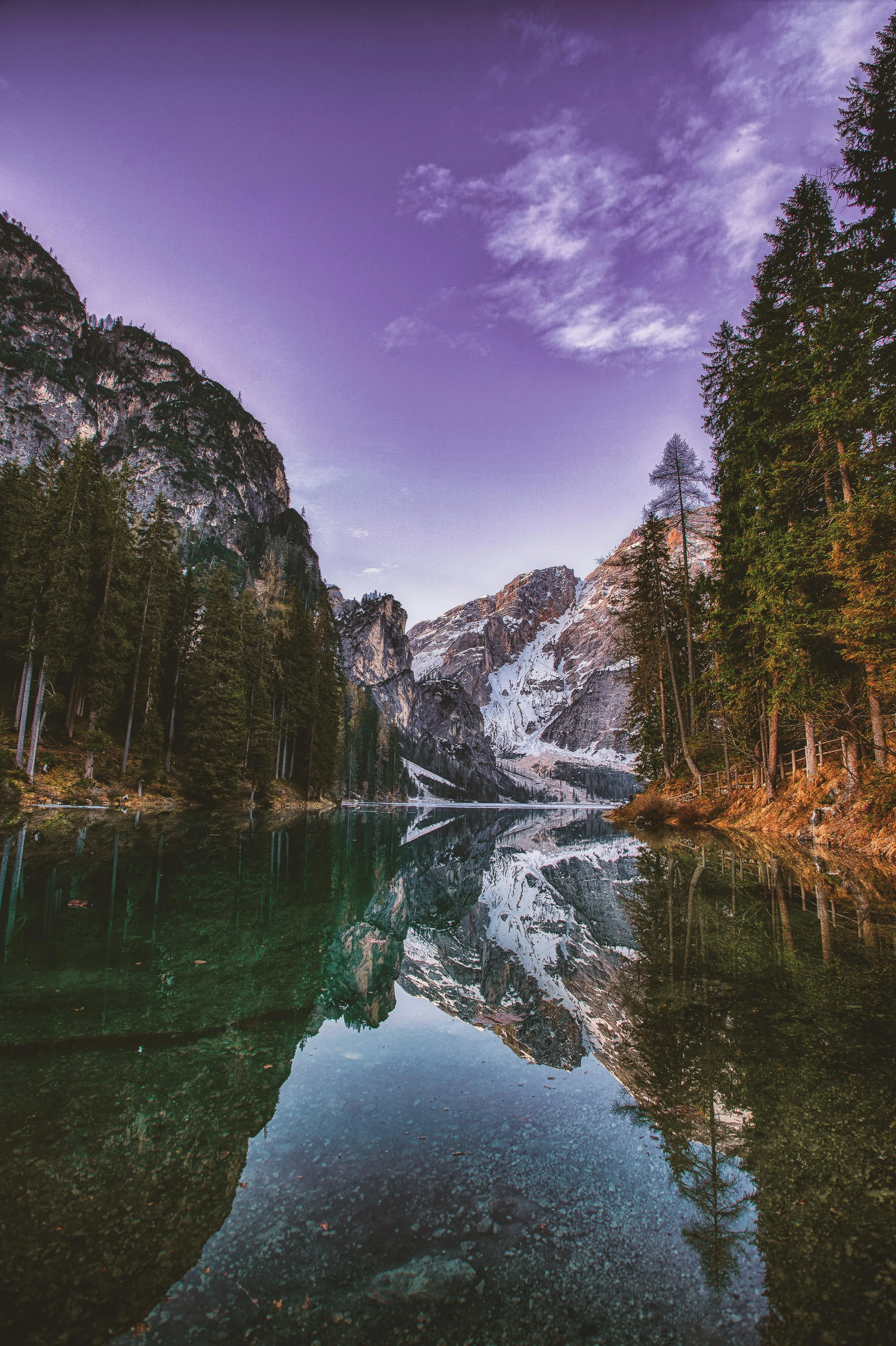 Mountain Lake Reflecting Surrounding Forest and Purple Sky