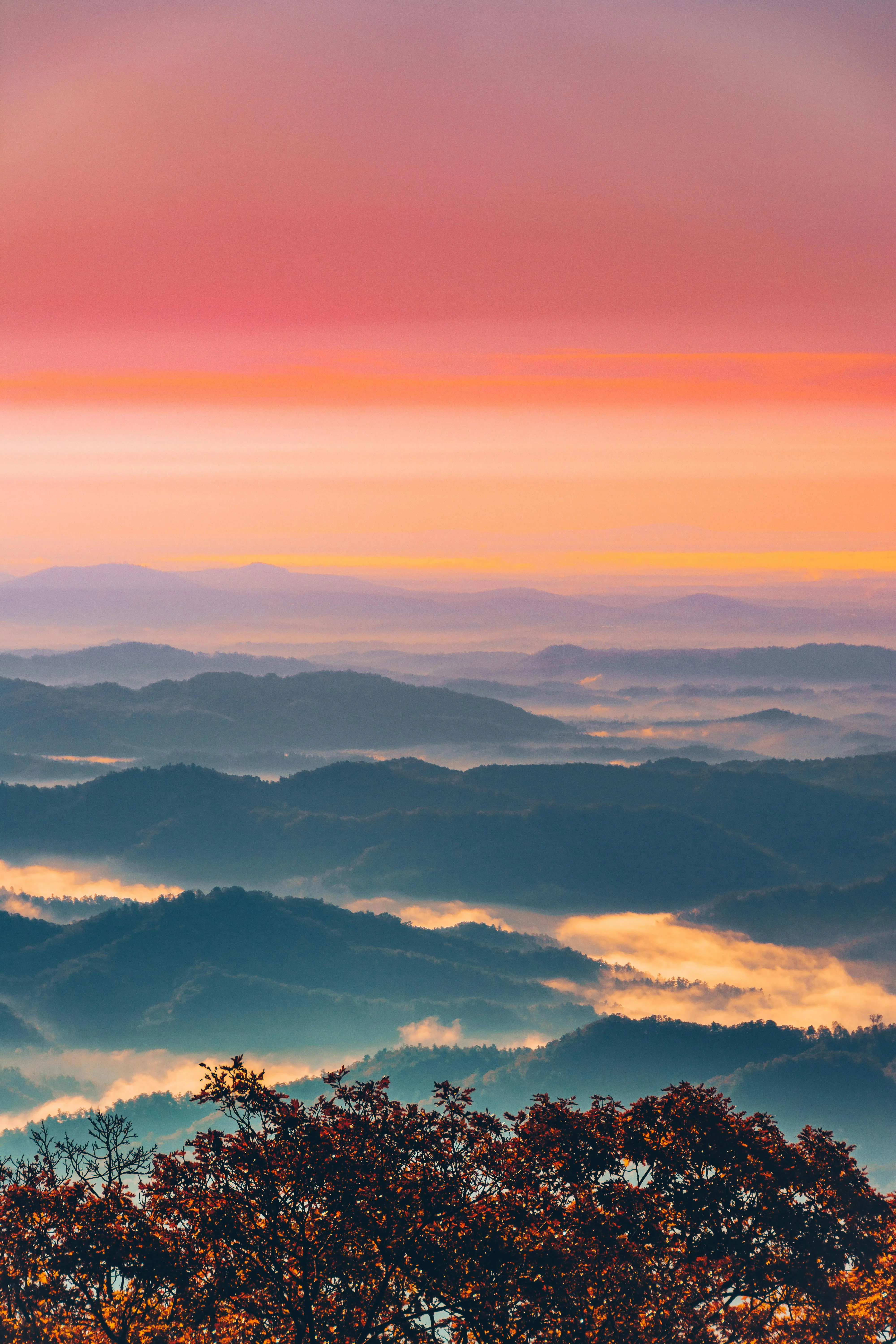 Mountain Landscape Covered in Morning Mist and Soft Colored Sky