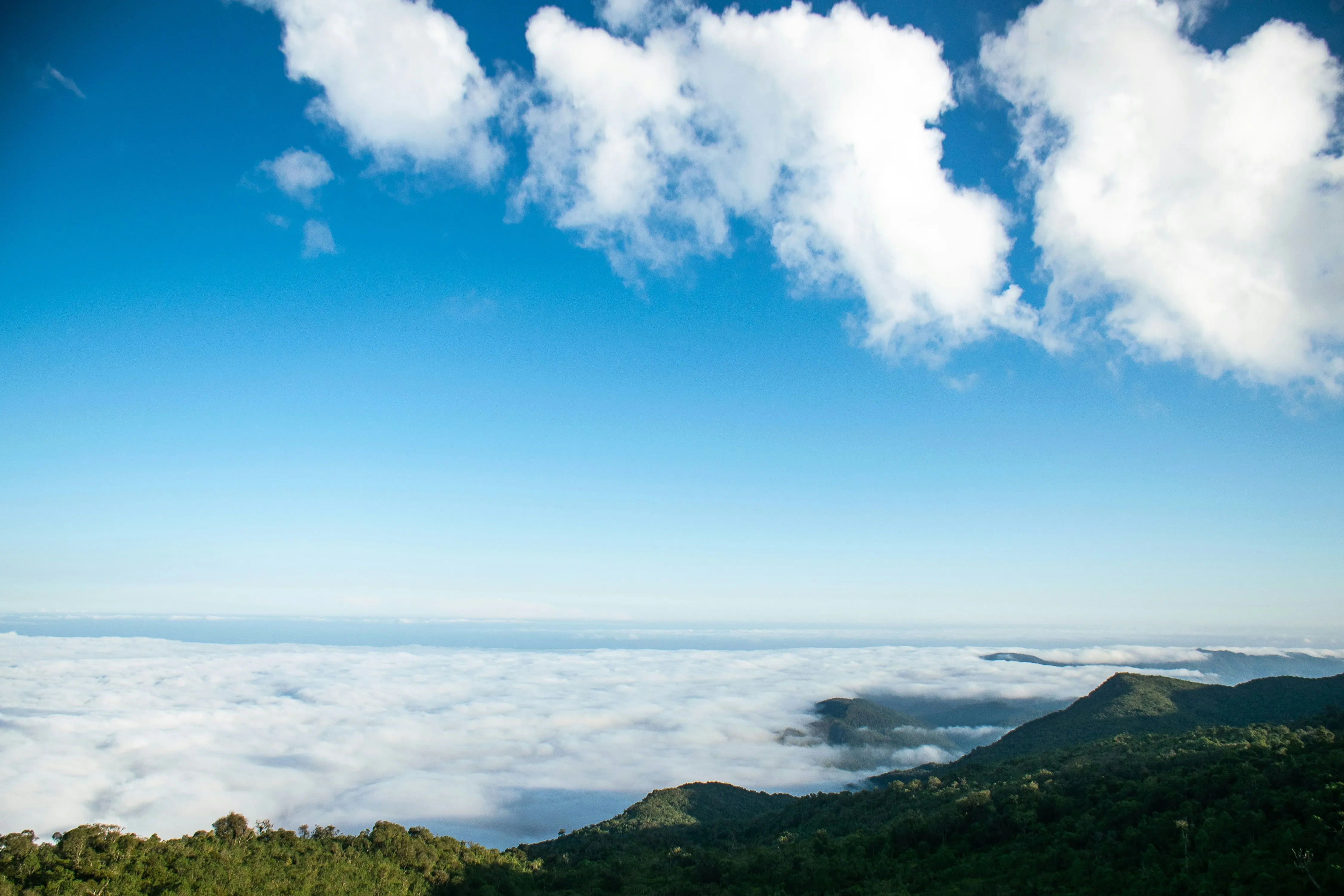Mountain Peaks Rising Through Thick Layer of White Clouds