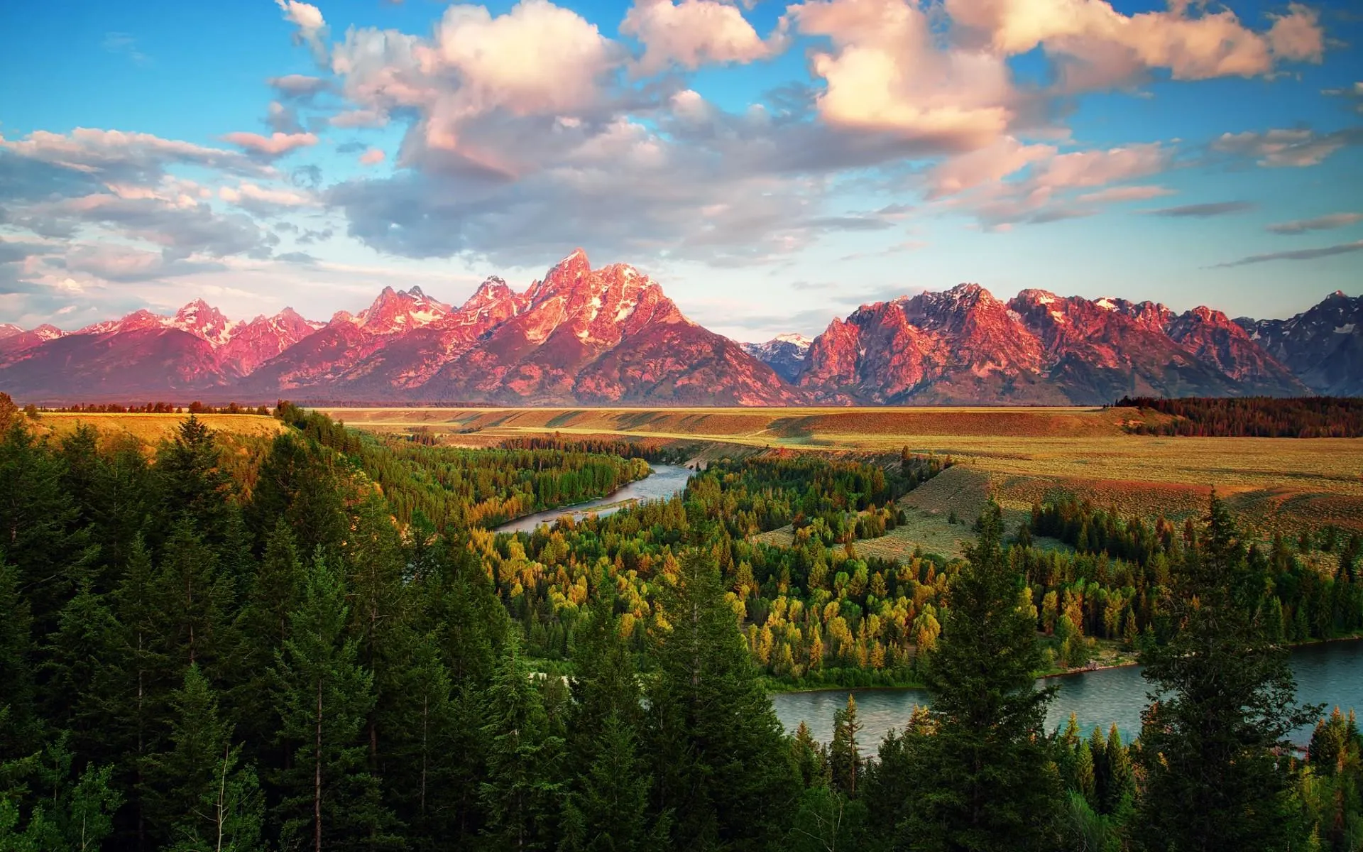 Mountain range glowing with sunrise light over forest