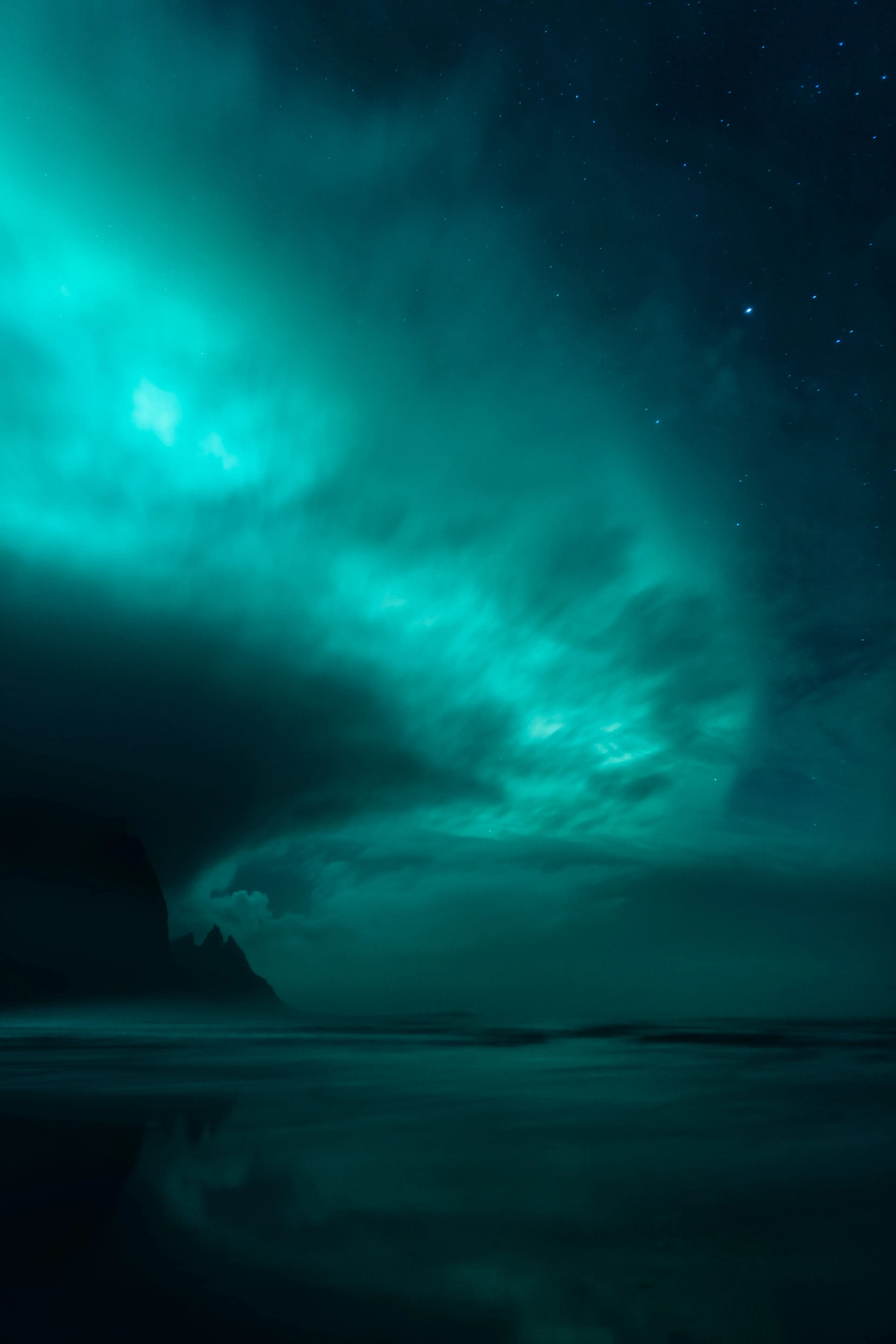 Mysterious Green Aurora Lights Dancing in Night Sky